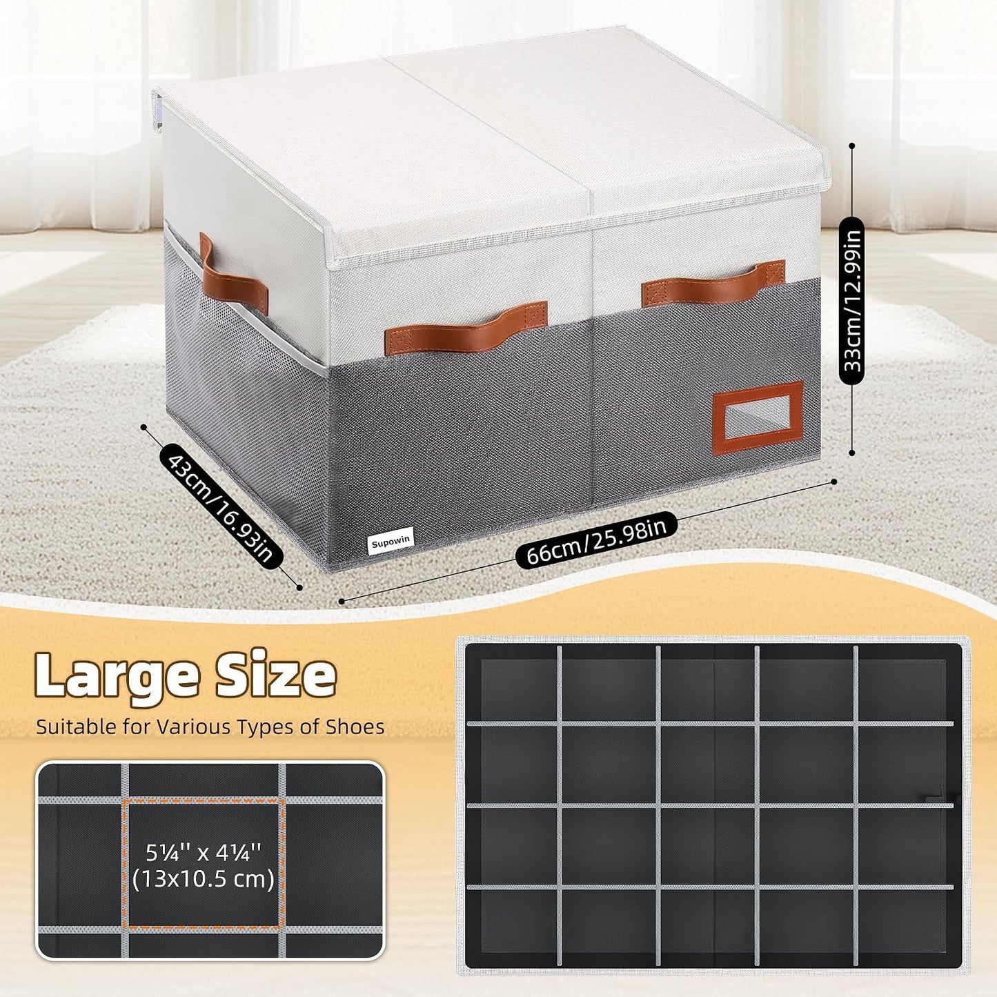 Supowin Large Shoe Organizer for Closet, Foldable Shoe Storage Bin with Lid | 16-Pair Shoe Storage for Sneakers, Boots & Heels with Adjustable Dividers, Reinforced Handles, Space Saving Closet Storage