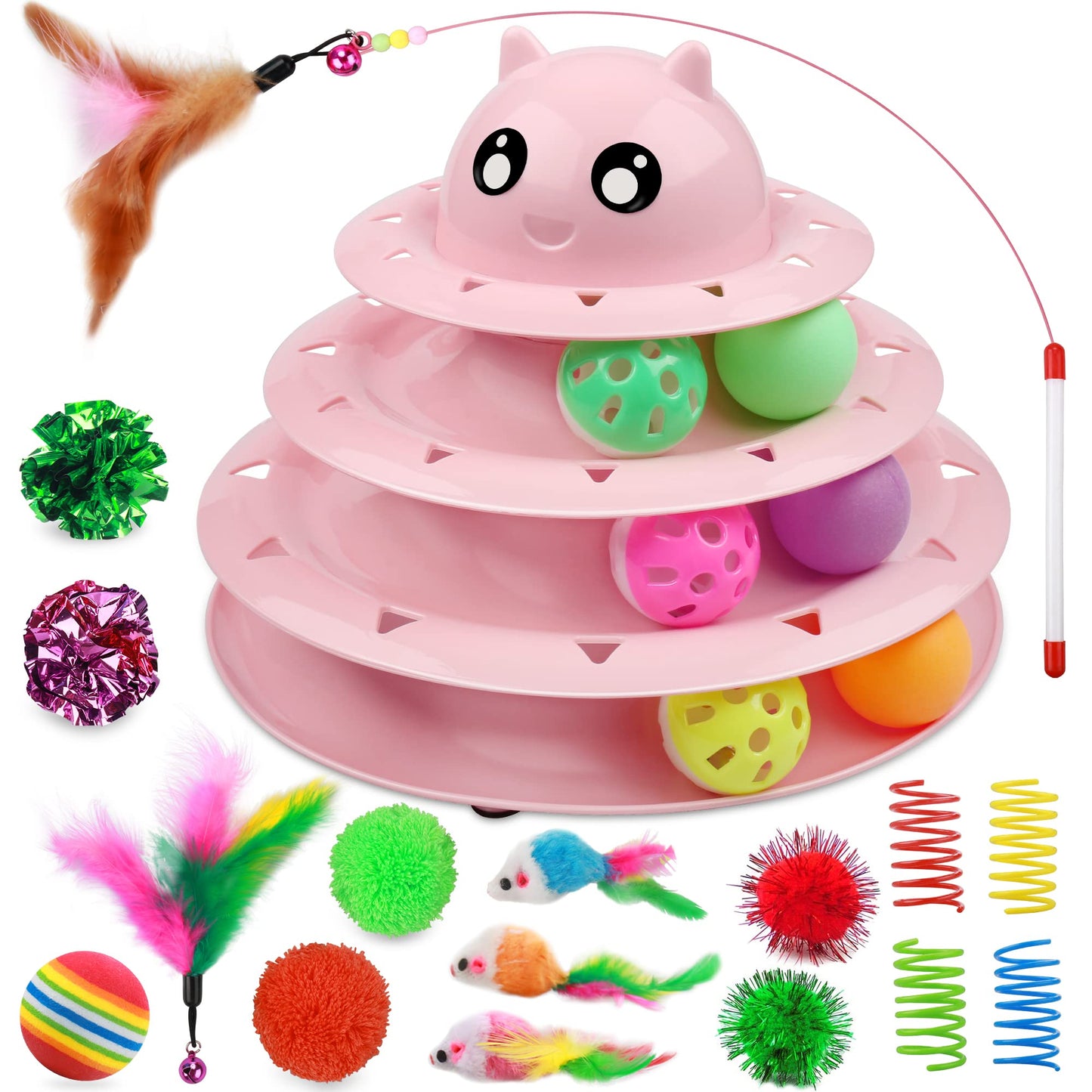 UPSKY 20 PCS Cat Roller Toy 3-Level Turntable for Indoor Cats - Kitten Set With Teaser, Mice, Spring, and Various Ball Toys