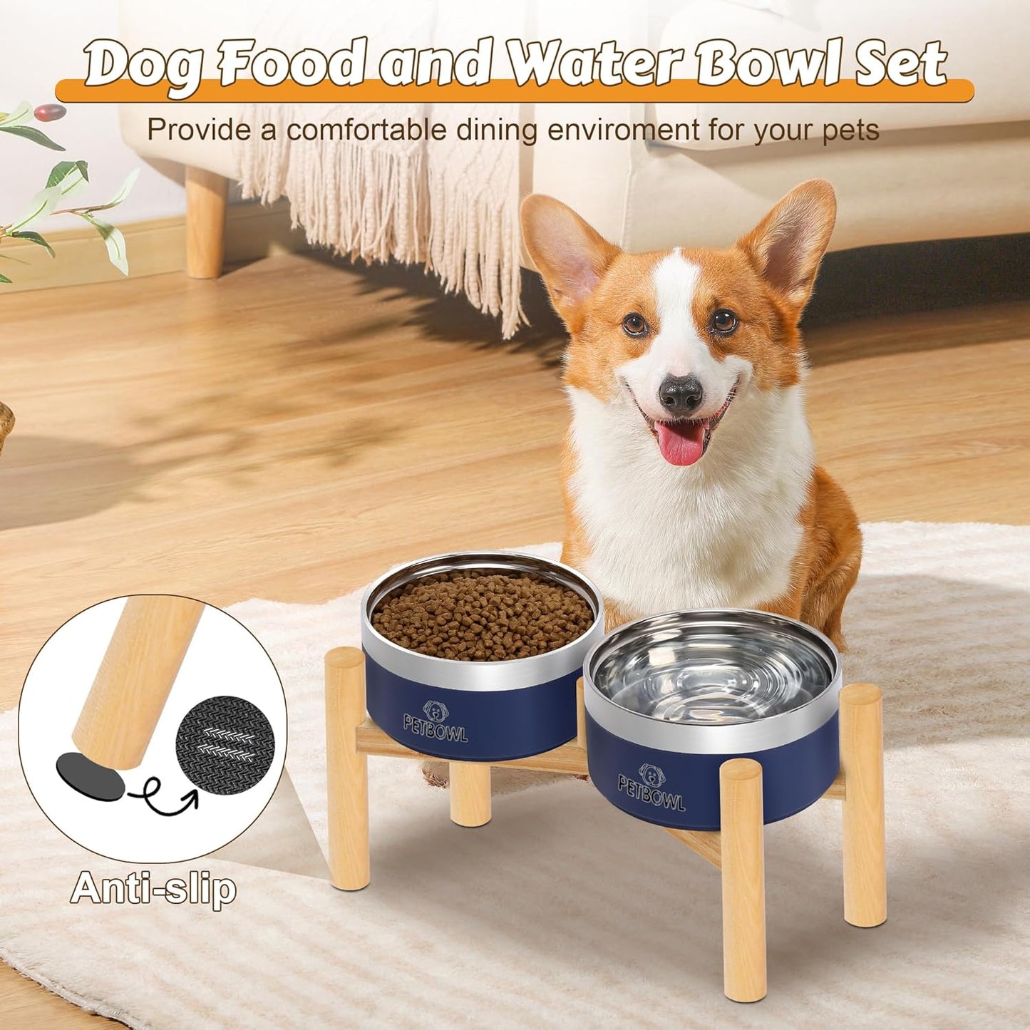 UPSKY Elevated Dog Bowls – 27oz Stainless Steel Anti-Spill Set with Wooden Stand, Double Raised Bowls for Small/Medium Dogs to Reduce Neck Strain & Improve Digestion