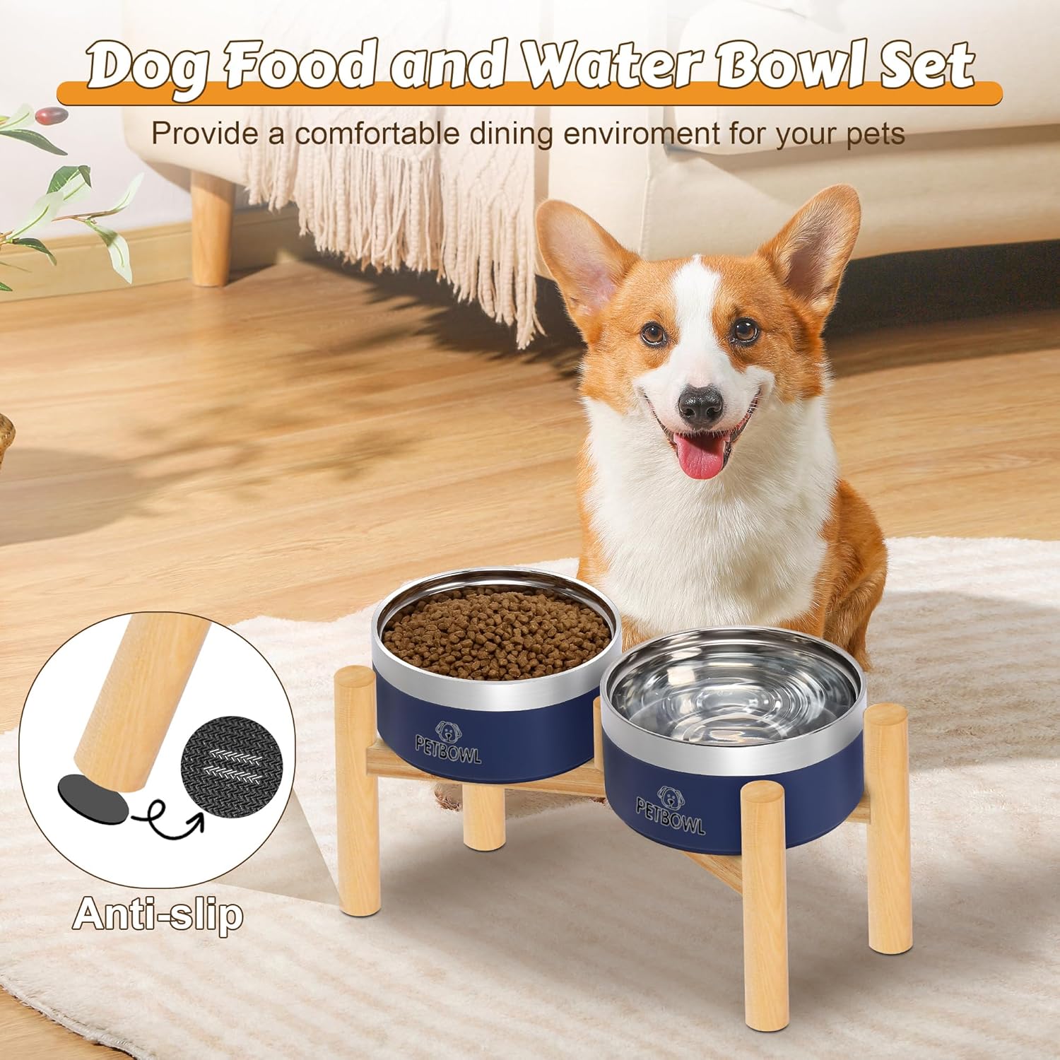 UPSKY Elevated Dog Bowls – 27oz Stainless Steel Anti-Spill Set with Wooden Stand, Double Raised Bowls for Small/Medium Dogs to Reduce Neck Strain & Improve Digestion