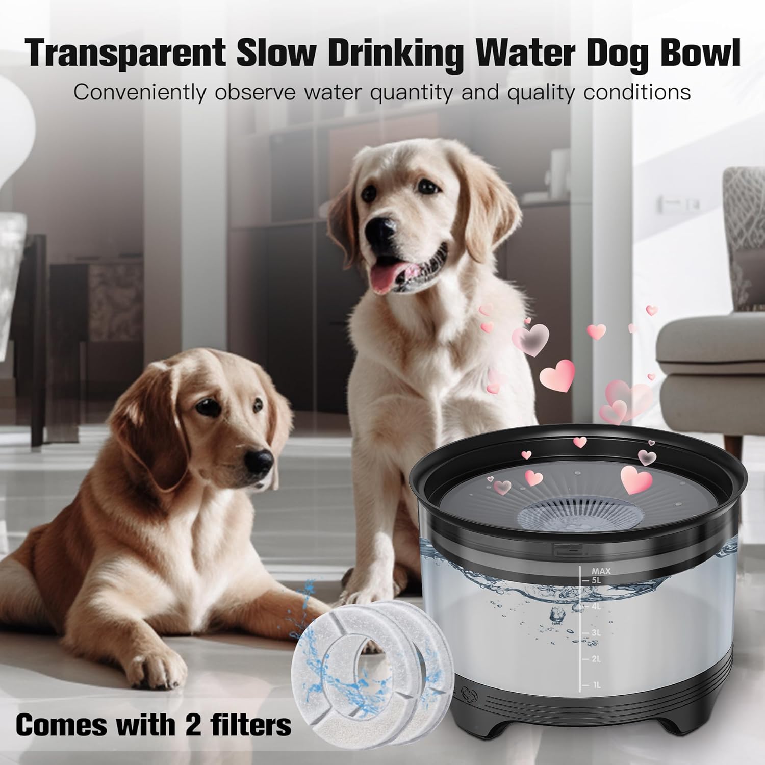 UPSKY 5.5L Dog Water Bowl,186oz Large Capacity No Spill Water Bowl for Dogs, Splash Proof Slow Water Feeder with Heightened Base, Anti-Slip Slow Drinking Pet Water Bowl for Messy Drinkers, B-Black