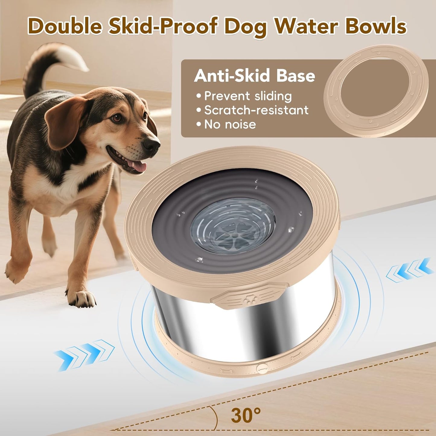UPSKY Dog Water Bowl No Spill 10L Stainless Steel, 2.6 Gallon Large Capacity Spill-Proof Dog Bowls, Non-Slip Slow Drinking Anti-Splash Bowl for Large Messy Drinkers, No Mess Indoor/Outdoor Use, Beige