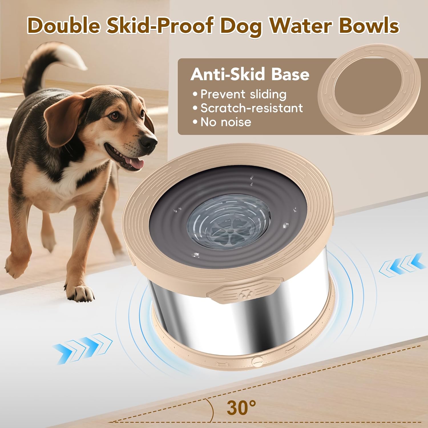 UPSKY Dog Water Bowl No Spill 10L Stainless Steel, 2.6 Gallon Large Capacity Spill-Proof Dog Bowls, Non-Slip Slow Drinking Anti-Splash Bowl for Large Messy Drinkers, No Mess Indoor/Outdoor Use, Beige