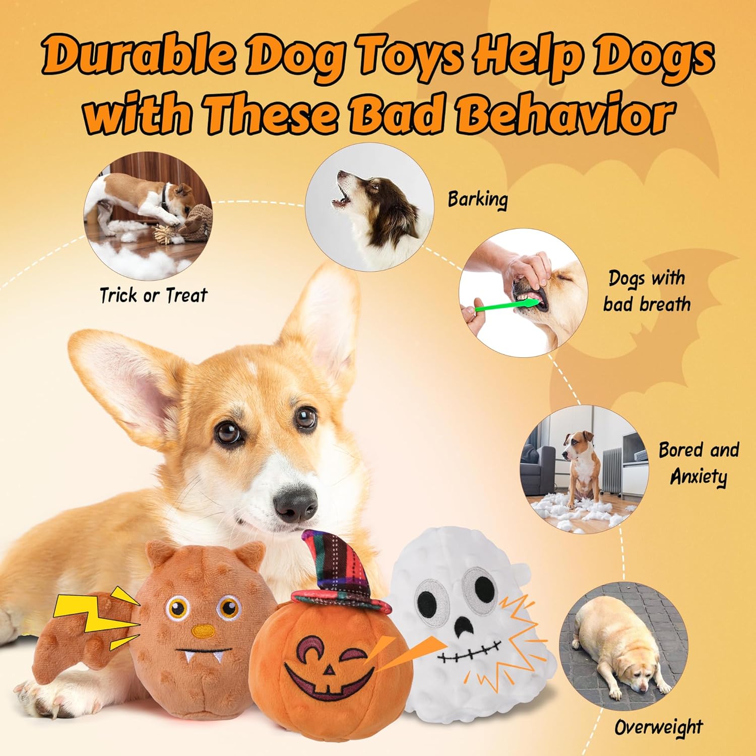 UPSKY Halloween Dog Toys Set, Plush Dog Squeaky Toys with Crinkle Paper for Small Medium Dog, 3 Pack Interactive Dog Chew Toys with Clean Teeth, Stuffed Puppy Toys to Keep Them Busy
