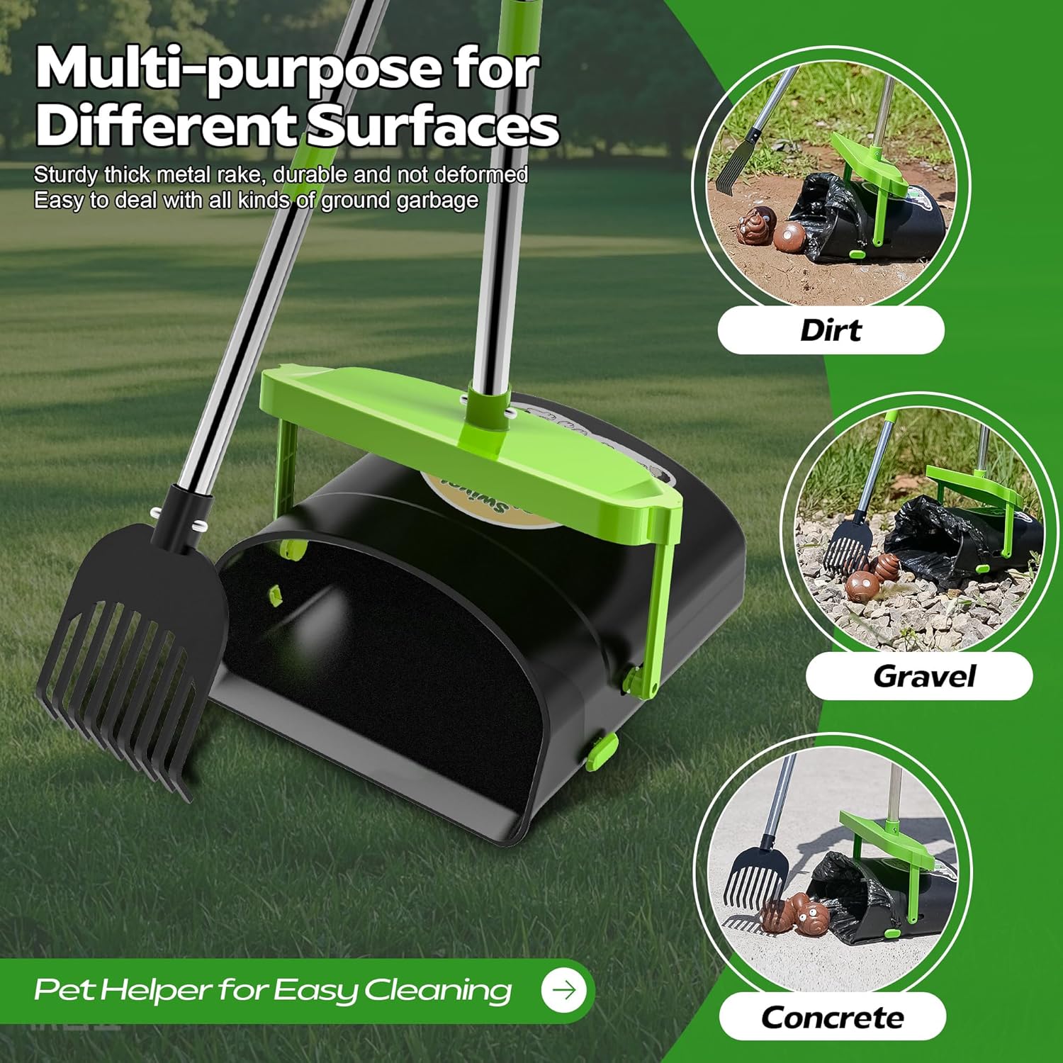 UPSKY Elevated Dog Bowls, Dog Pooper Scooper Swivel Bin & Rake Kit with 100 Waste Bags, 33.4" Stainless Steel Long Handle Heavy Duty Pet Poop Shovel