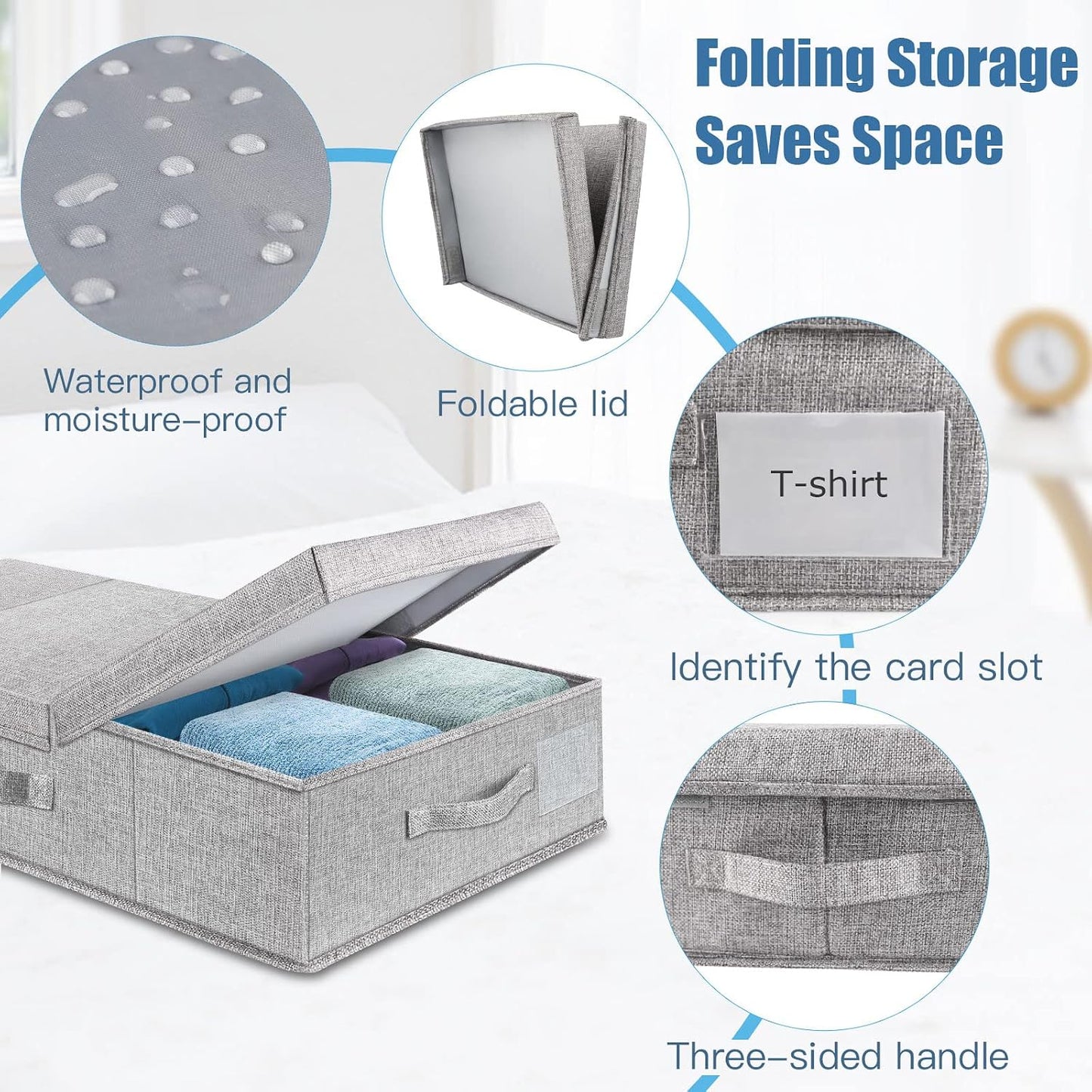 Supowin 2Pack Large Underbed Storage Containers Bin with Lids, Gray | 6 Inches Tall Under Bed Storage Organizer Box with Handles, Foldable Closet Organizer for Clothes, Blankets, Seasonal Items