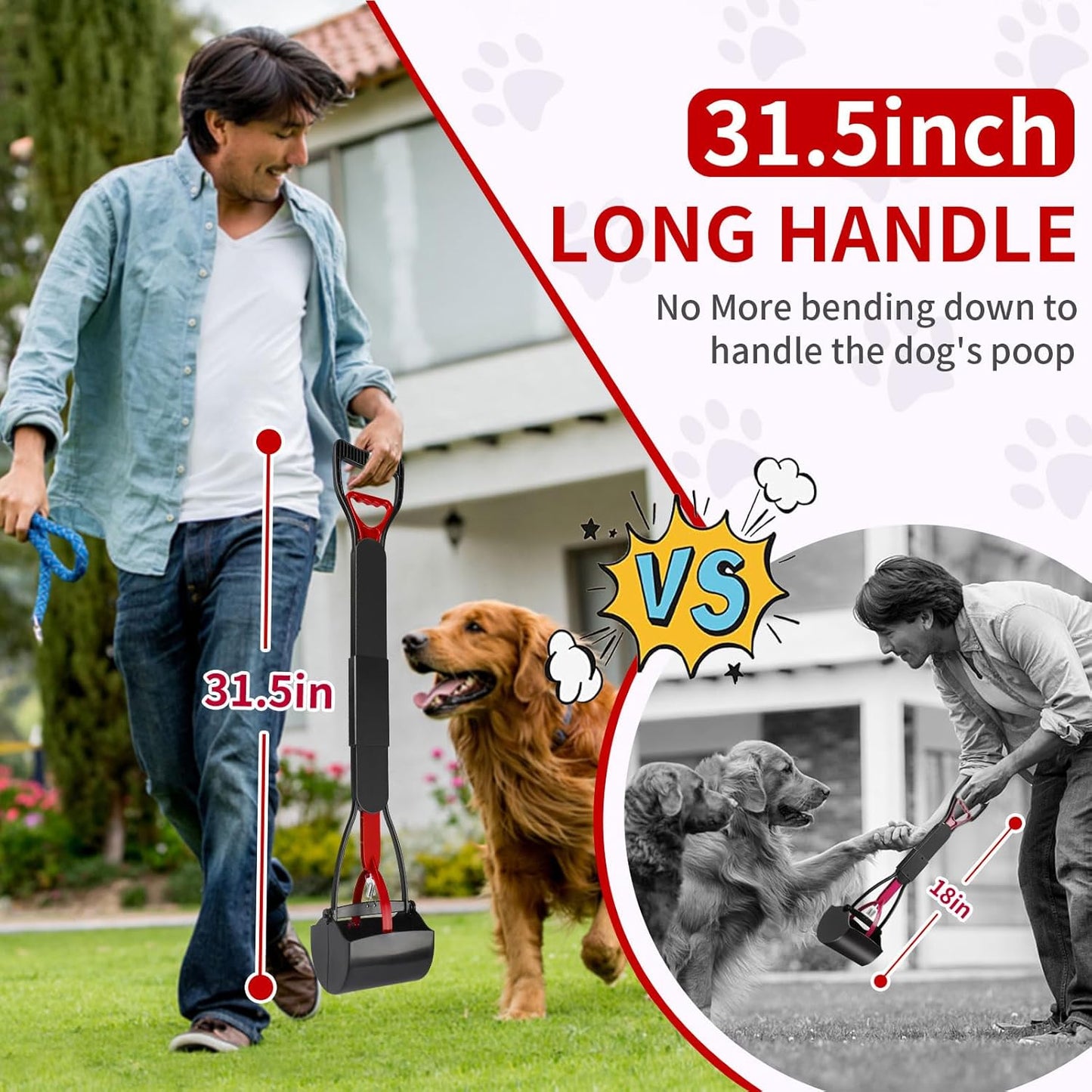 UPSKY 32'' Pooper Scooper for Large Small Dogs, Long Handle Dog Poop Scooper with Waste Bags, Portable Dog Poop Pick Up Tool, Folding Poop Scoop for Yard, Grass, Dirt, Gravel