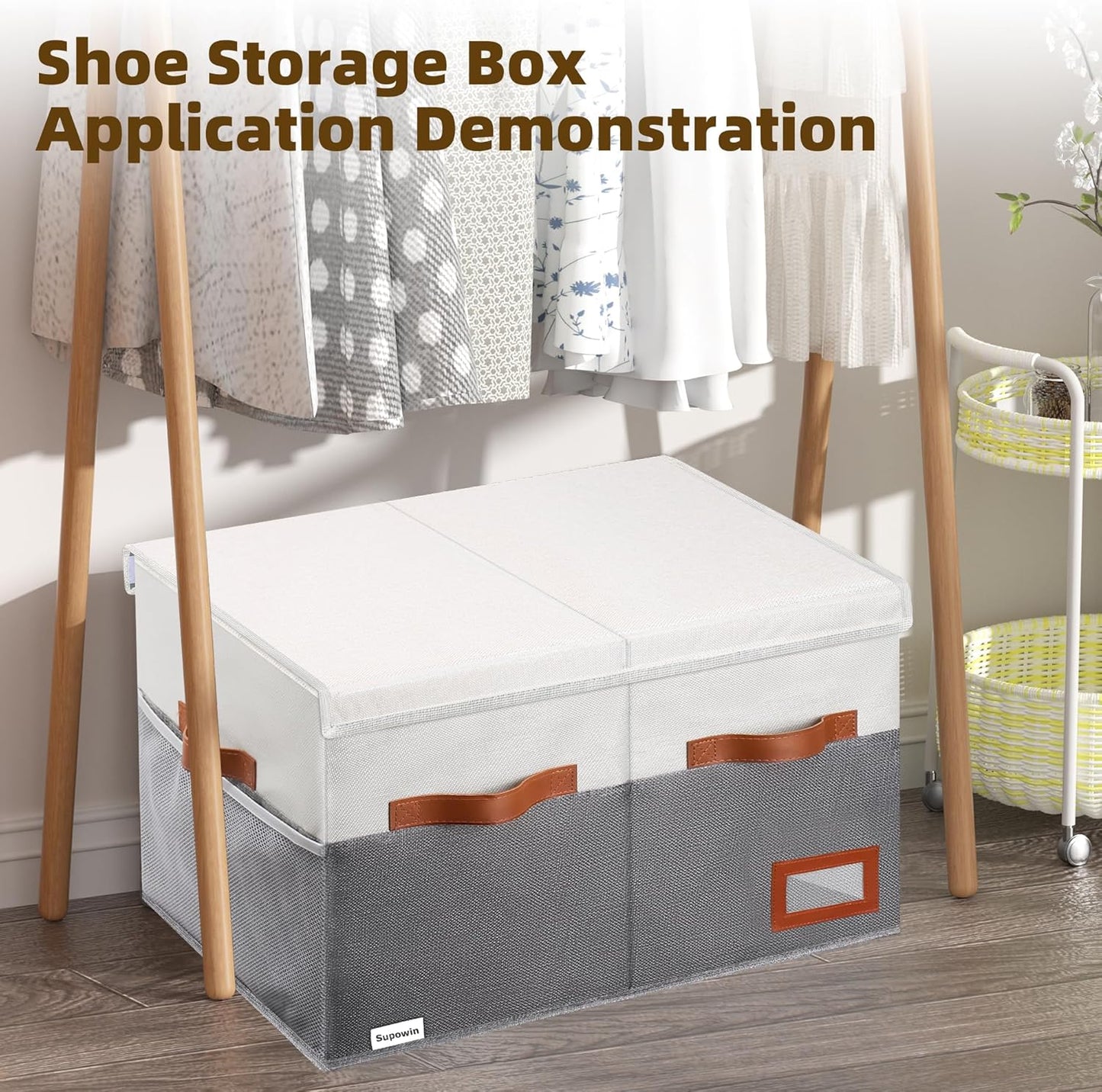 Supowin Large Shoe Organizer for Closet, Foldable Shoe Storage Bin with Lid | 16-Pair Shoe Storage for Sneakers, Boots & Heels with Adjustable Dividers, Reinforced Handles, Space Saving Closet Storage