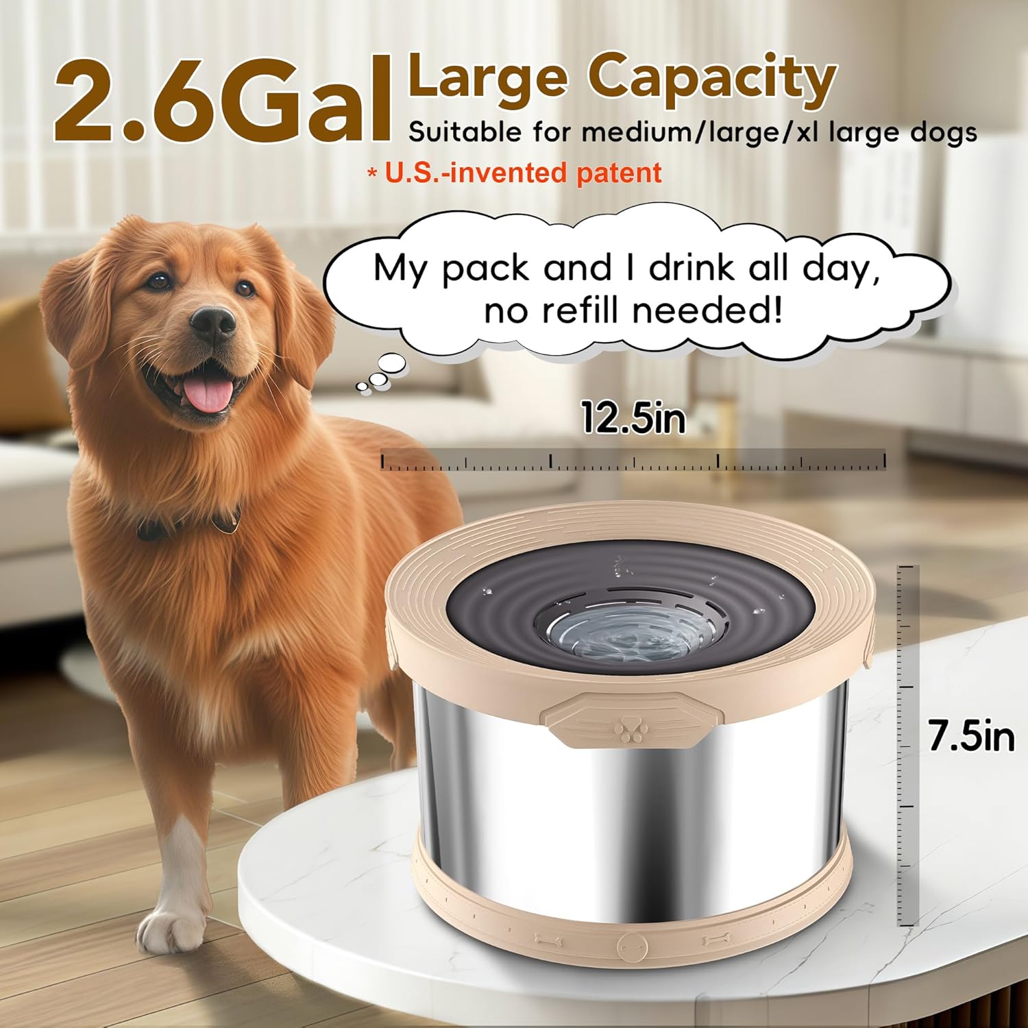UPSKY Dog Water Bowl No Spill 10L Stainless Steel, 2.6 Gallon Large Capacity Spill-Proof Dog Bowls, Non-Slip Slow Drinking Anti-Splash Bowl for Large Messy Drinkers, No Mess Indoor/Outdoor Use, Beige