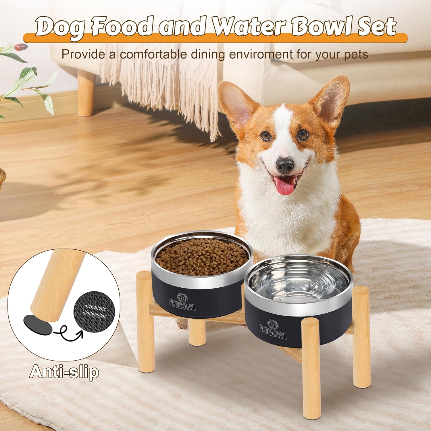 UPSKY Elevated Dog Bowls – 27oz Stainless Steel Anti-Spill Set with Wooden Stand, Double Raised Bowls for Small/Medium Dogs to Reduce Neck Strain & Improve Digestion