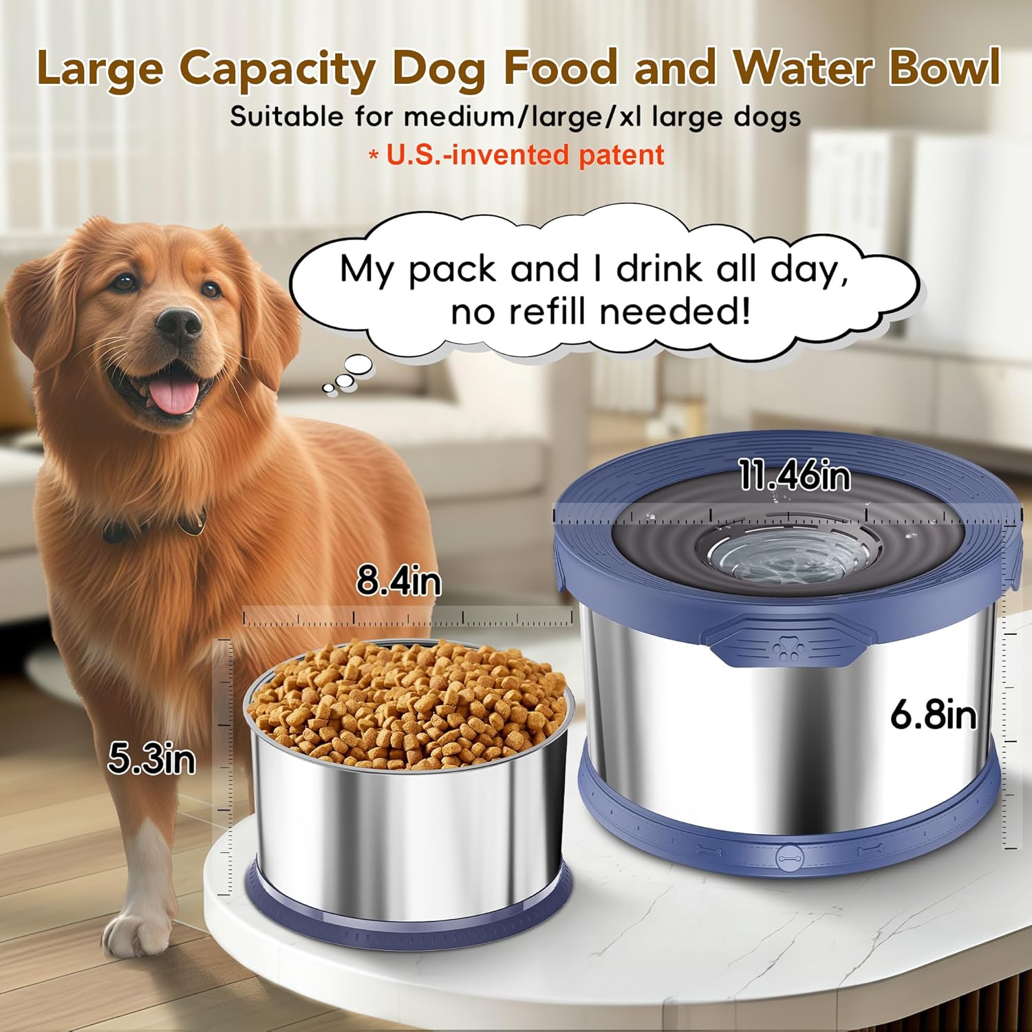 UPSKY 8L No Spill Dog Water Bowls & 3.5L Food Bowl, 2-Piece Large Capacity Spill-Proof Dog Bowls, Non-Slip Slow Drinking Anti-Splash Bowl for Large Messy Drinkers, No Mess Indoor/Outdoor Use