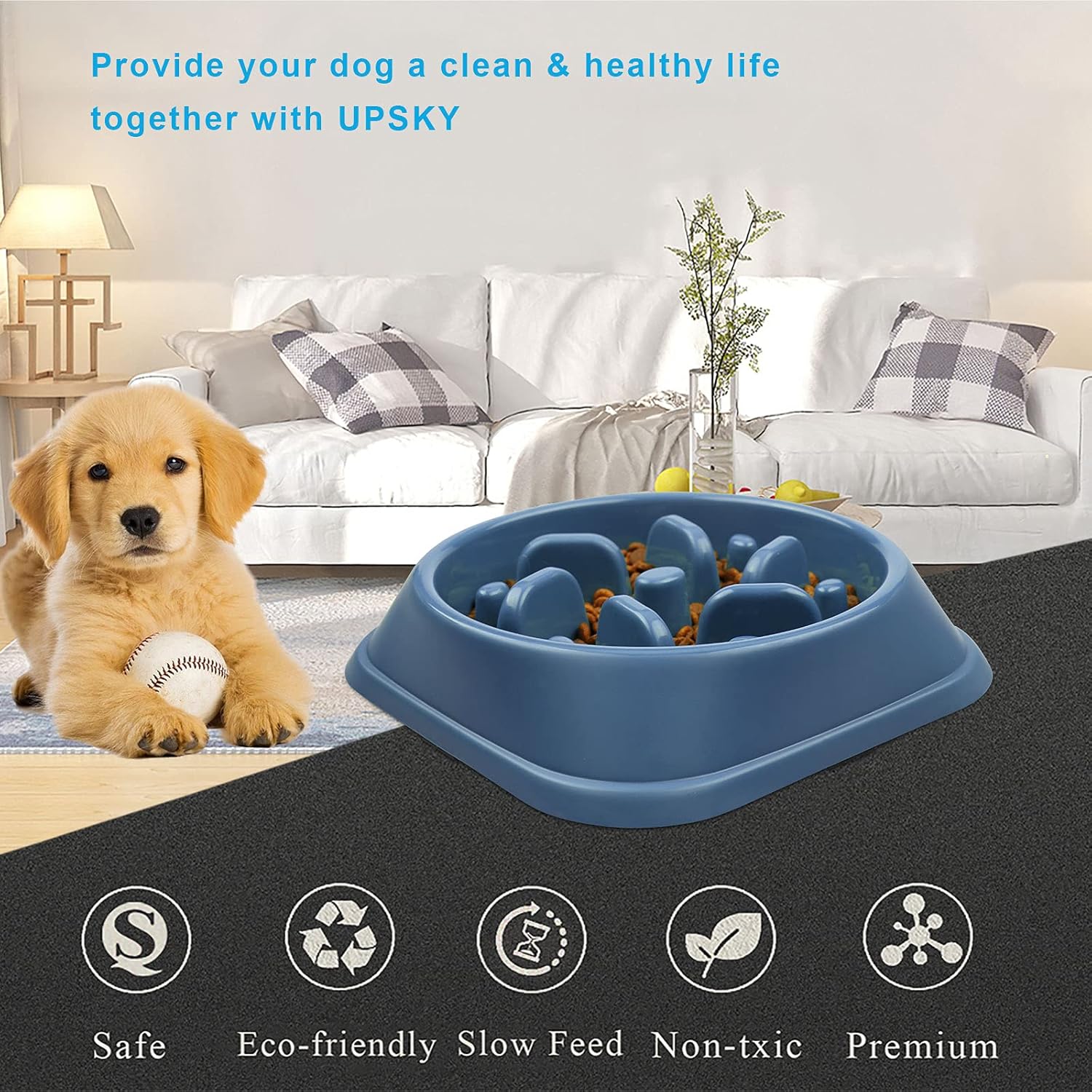 UPSKY Slow Feeder Small Dog Puzzle Bowl Feeder - Anti-Slip, Anti-Bloat, Anti-Choking - Deep Blue