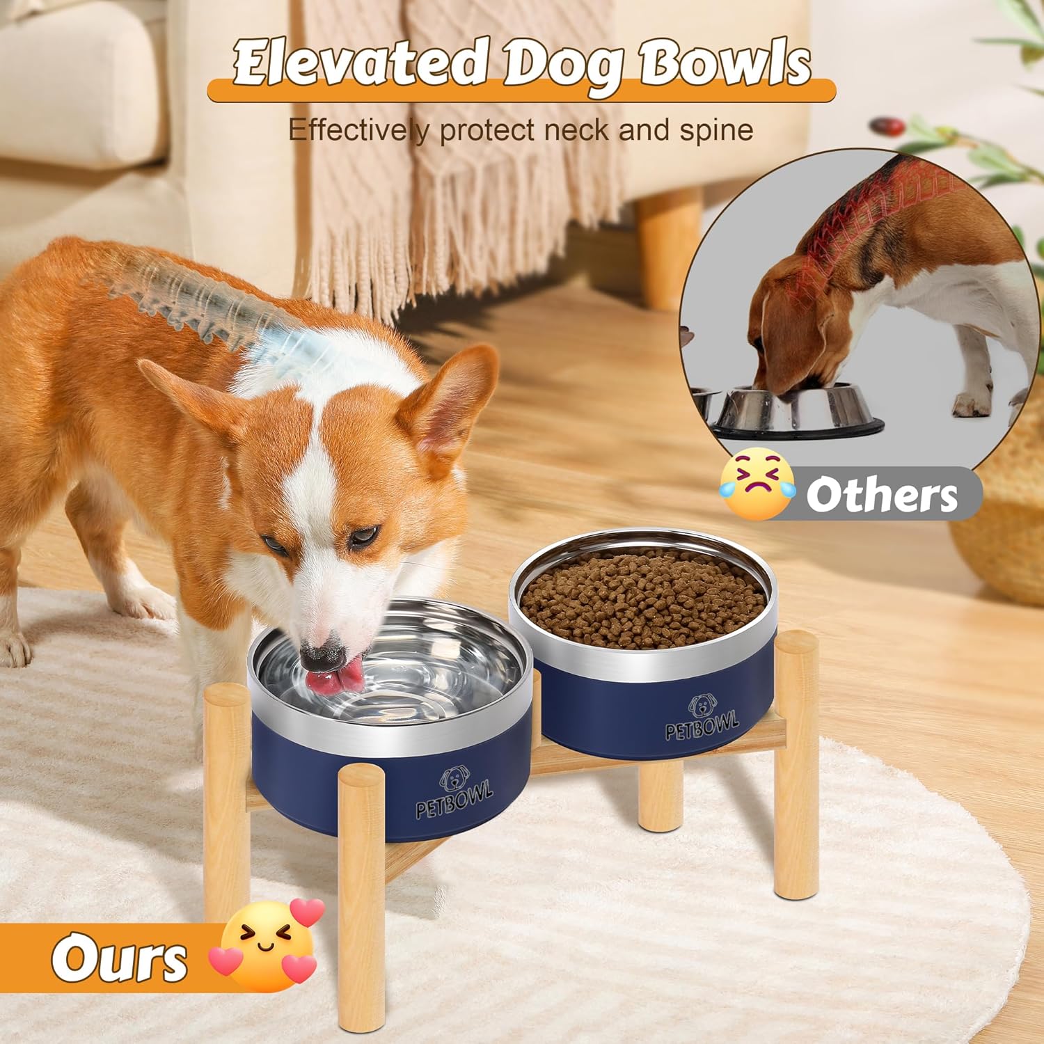 UPSKY Elevated Dog Bowls – 27oz Stainless Steel Anti-Spill Set with Wooden Stand, Double Raised Bowls for Small/Medium Dogs to Reduce Neck Strain & Improve Digestion