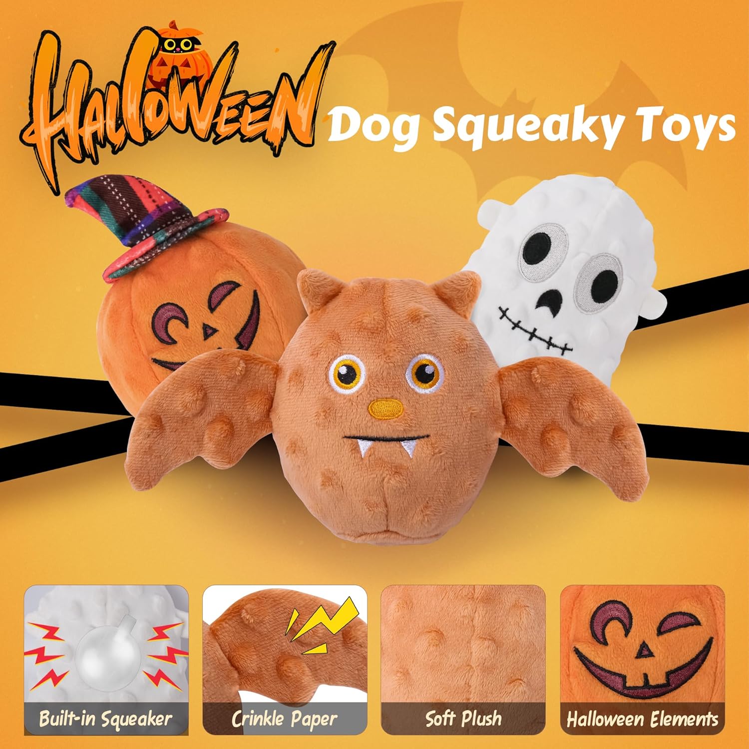 UPSKY Halloween Dog Toys Set, Plush Dog Squeaky Toys with Crinkle Paper for Small Medium Dog, 3 Pack Interactive Dog Chew Toys with Clean Teeth, Stuffed Puppy Toys to Keep Them Busy