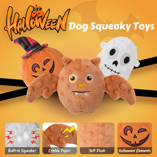 UPSKY Halloween Dog Toys Set, Plush Dog Squeaky Toys with Crinkle Paper for Small Medium Dog, 3 Pack Interactive Dog Chew Toys with Clean Teeth, Stuffed Puppy Toys to Keep Them Busy