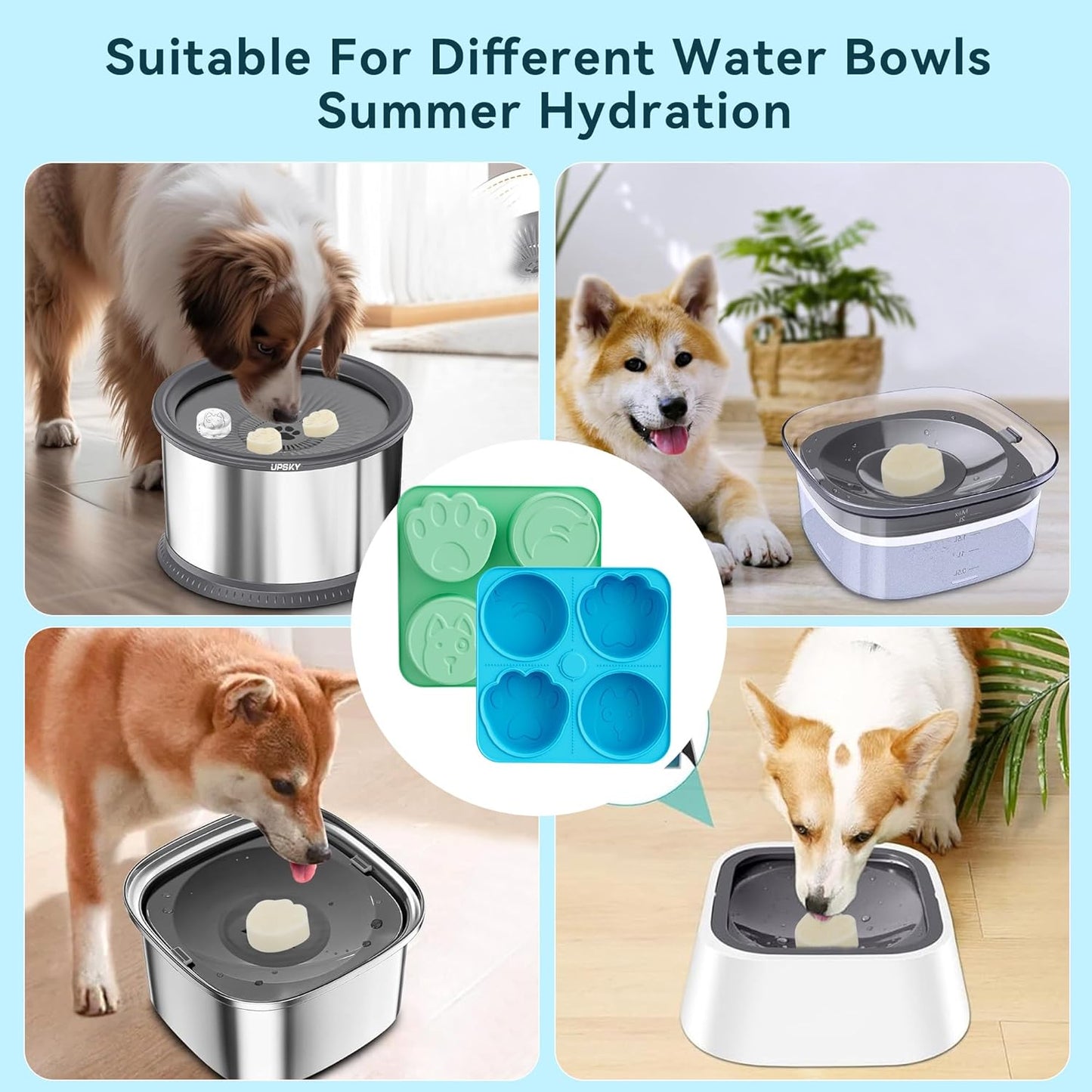 UPSKY Dog Treat Ice Molds & 3L No Spill Water Bowl, Reusable Frozen Treat Tray with Large Feeder