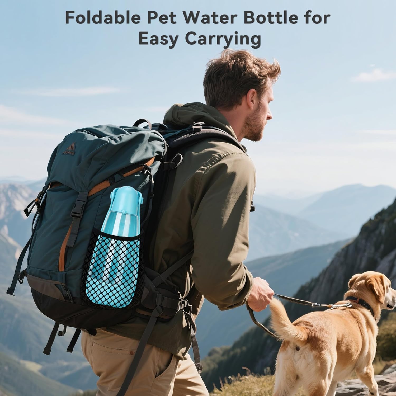 UPSKY Dog Water Bottle | Portable & Foldable Dog Water Bottle | 3-in-1 Portable Pet Water Dispenser with Food Container & Poop Scooper for Outdoor Walking, Hiking & Travel,14.2oz(Blue)