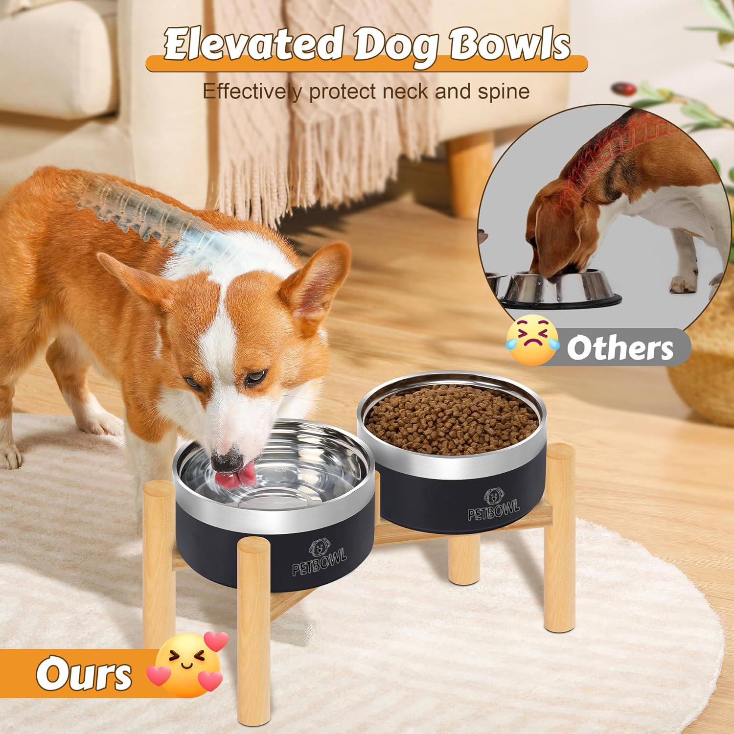 UPSKY Elevated Dog Bowls – 27oz Stainless Steel Anti-Spill Set with Wooden Stand, Double Raised Bowls for Small/Medium Dogs to Reduce Neck Strain & Improve Digestion