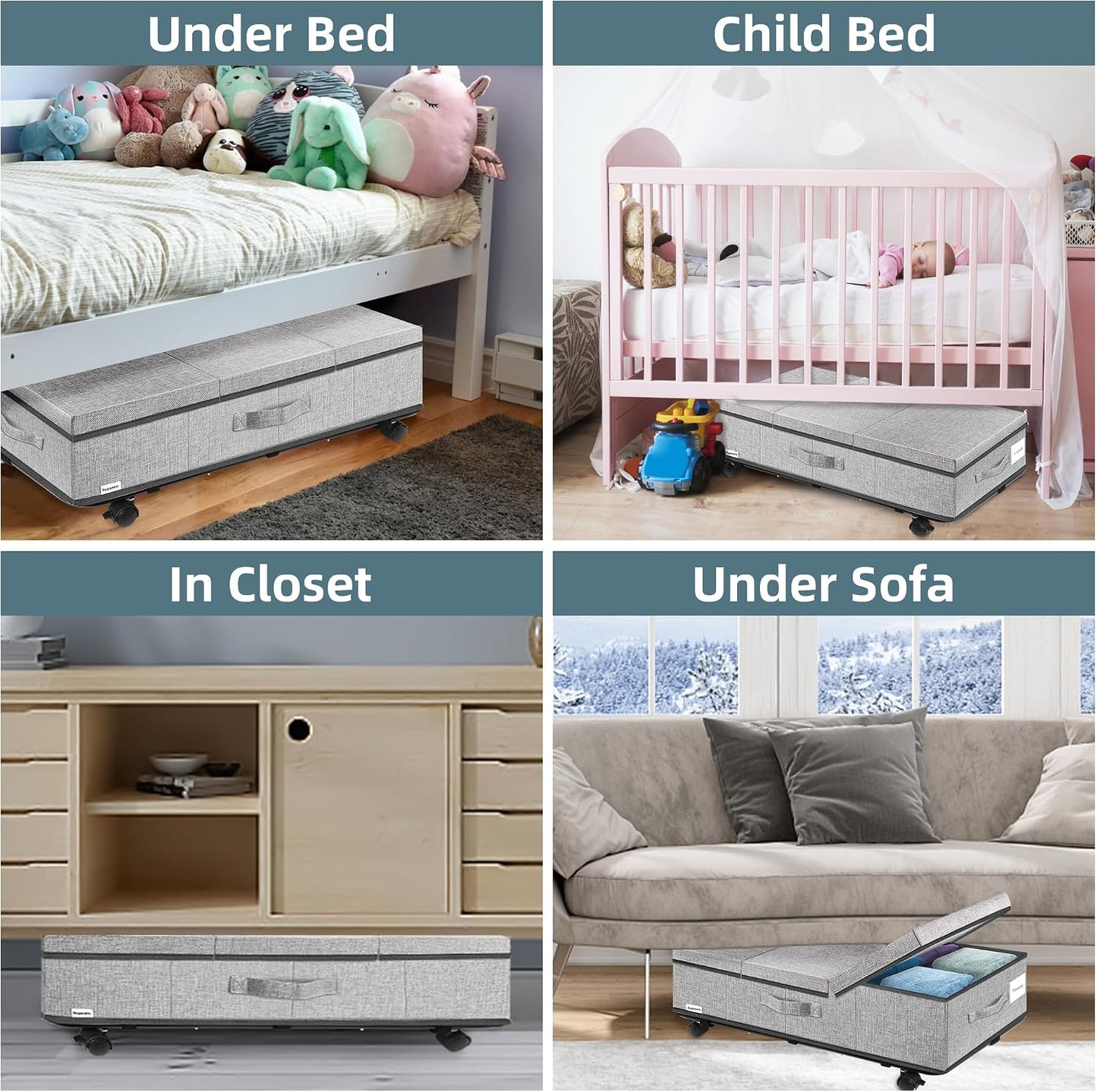Supowin Under Bed Storage with Wheels, 2Pack Rolling Underbed Storage | 7.3 Inches Tall Under the Bed Container with Lids, Reinforced Handle, Reinforced Metal Bottom Support, 360° Rotating Wheels