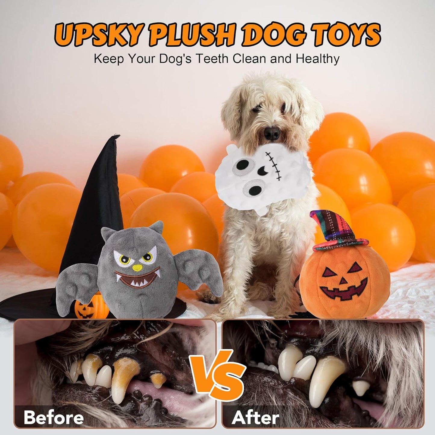UPSKY Halloween Dog Toys Set, Plush Dog Squeaky Toys with Crinkle Paper for Small Medium Dog, 3 Pack Interactive Dog Chew Toys with Clean Teeth, Stuffed Puppy Toys to Keep Them Busy