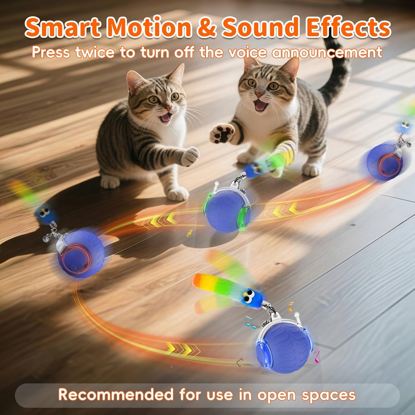 UPSKY Interactive Cat Toy Ball for Indoor Cats, Automatic Moving Electric Rolling Cat Ball Toy, 3-Speed Modes Smart Kitten Toys with Sounds, USB Rechargeable & Sturdy for Bored Kittens/Adult Cats