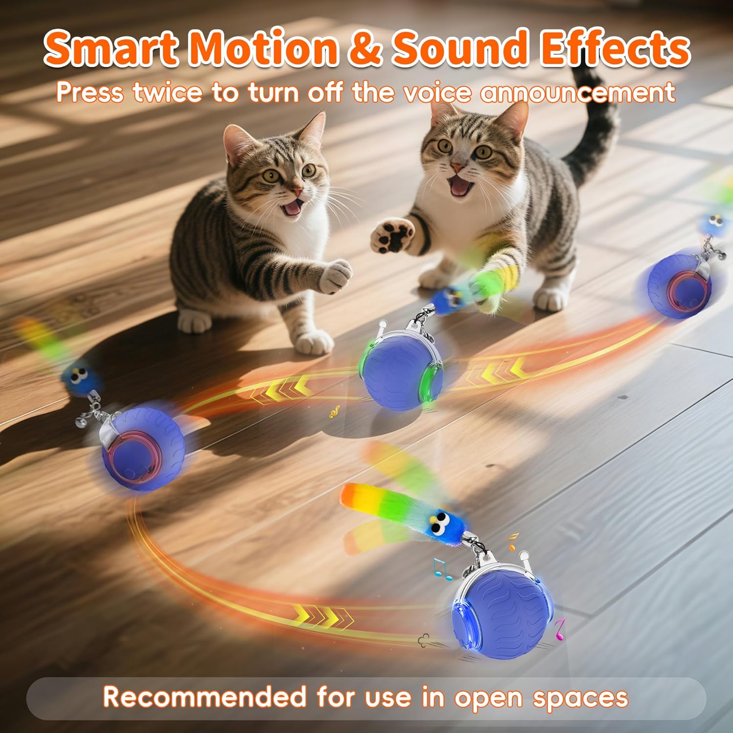 UPSKY Interactive Cat Toy Ball for Indoor Cats, Automatic Moving Electric Rolling Cat Ball Toy, 3-Speed Modes Smart Kitten Toys with Sounds, USB Rechargeable & Sturdy for Bored Kittens/Adult Cats