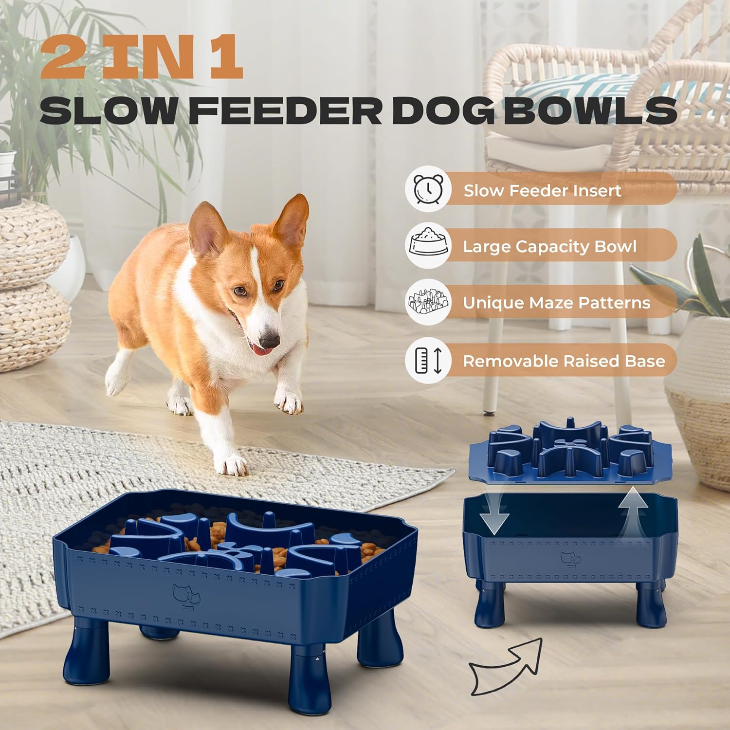 UPSKY Slow Feeder Dog Bowl, 2-in-1 Raised Dog Bowl with Anti-Choking Maze Puzzle, Elevated Dog Bowls, Stainless Steel Anti-Spill Pet Bowl Set with Wooden Stand