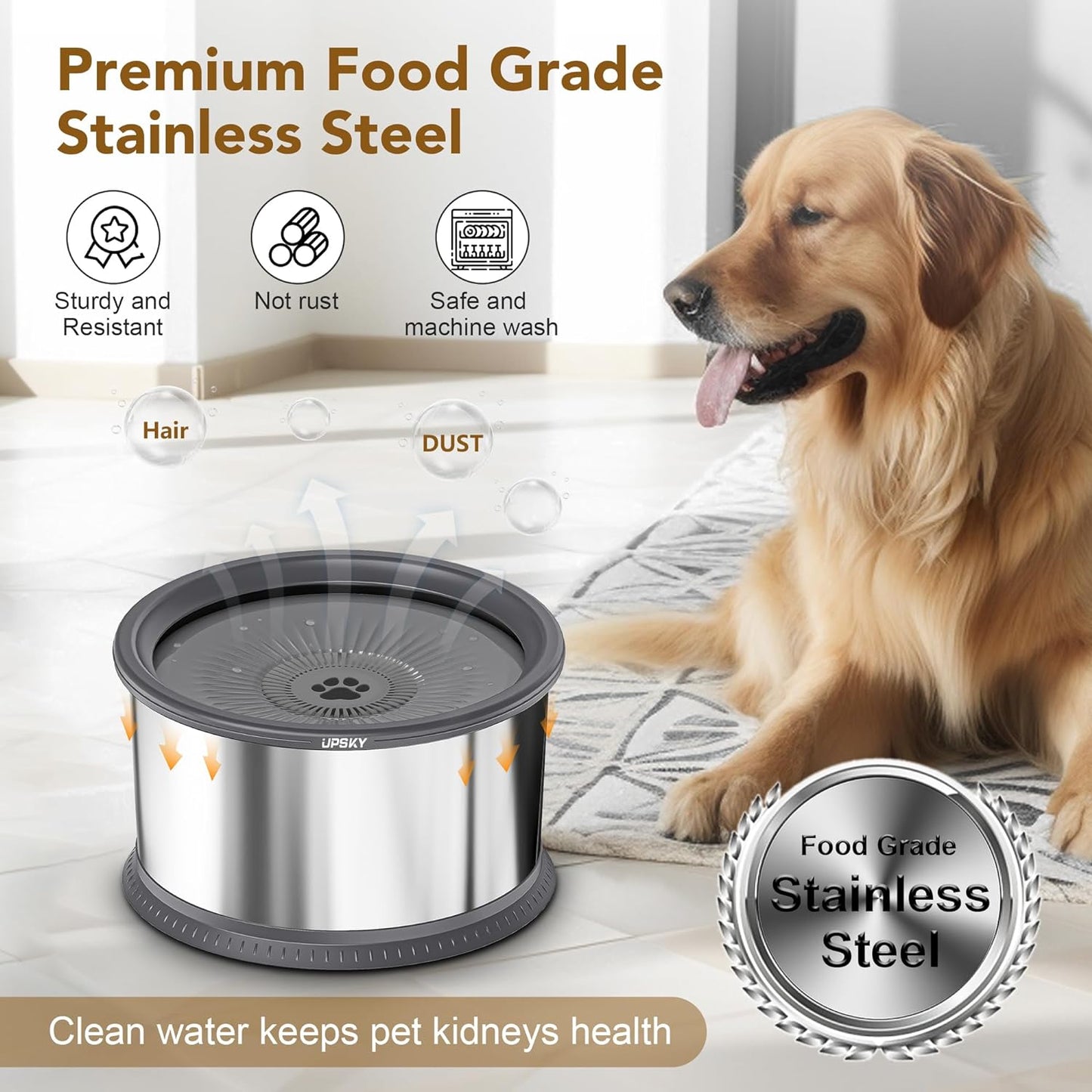 UPSKY 6.5L Dog Water Bowl,1.6 Gallon Super Large Capacity No Spill Dog Water Bowl,Stainless Steel Spill Proof Slow Water Feeder,No Splash Water Bowl with Anti-Slip Mat for Messy Drinkers Grey