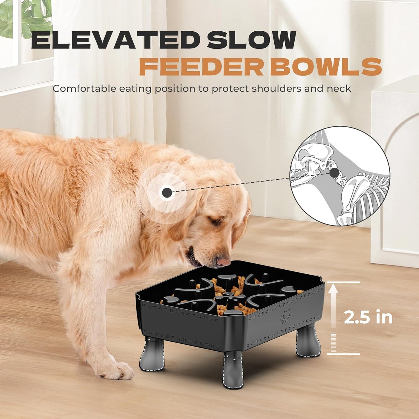 UPSKY Slow Feeder Dog Bowl, 2-in-1 Raised Dog Bowl with Anti-Choking Maze Puzzle, 2-6 Cups Pet Food for Small & Medium Breeds, Interactive Pet Feeder to Slow Eating, Reduce Boredom Black