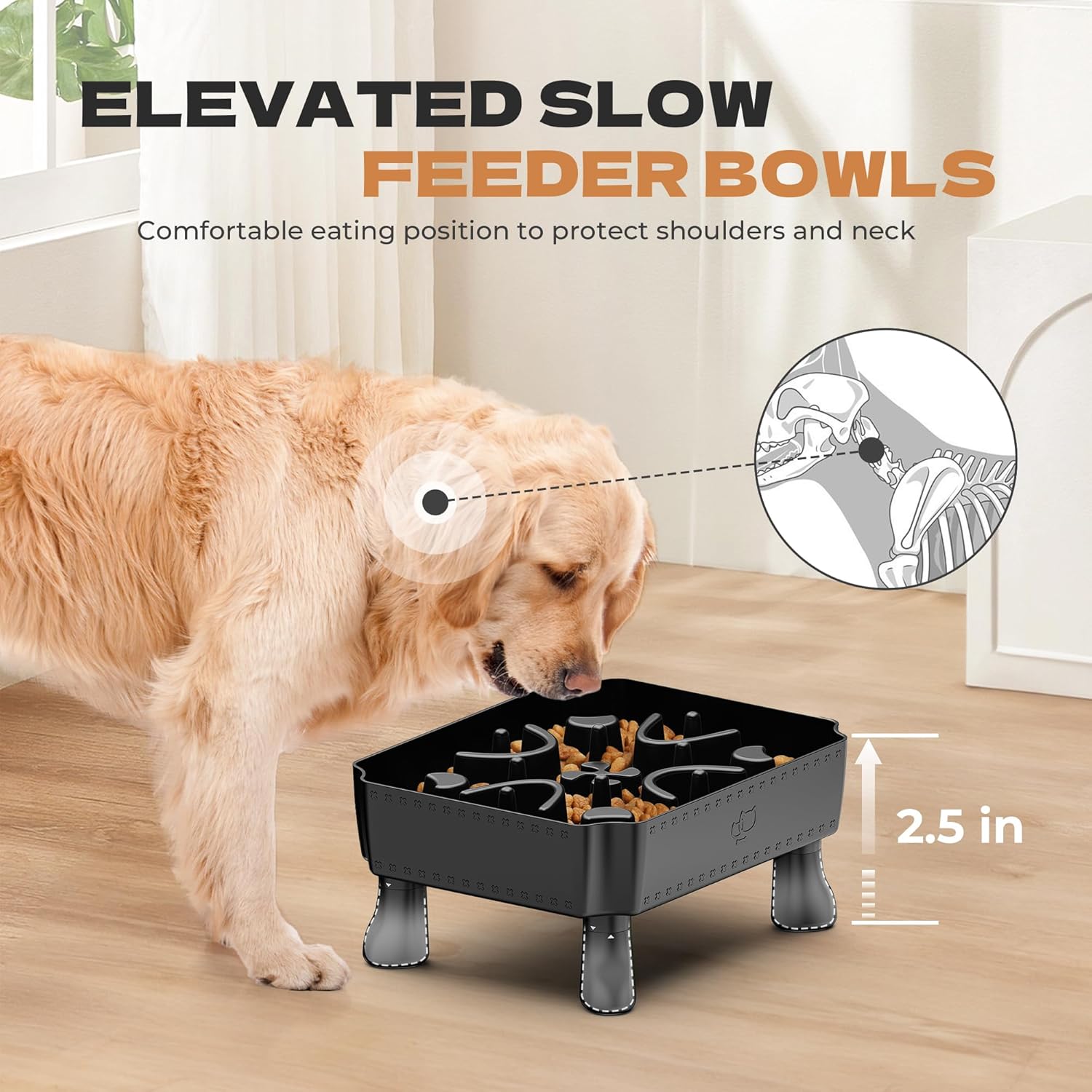 UPSKY Slow Feeder Dog Bowl, 2-in-1 Raised Dog Bowl with Anti-Choking Maze Puzzle, 2-6 Cups Pet Food for Small & Medium Breeds, Interactive Pet Feeder to Slow Eating, Reduce Boredom Black