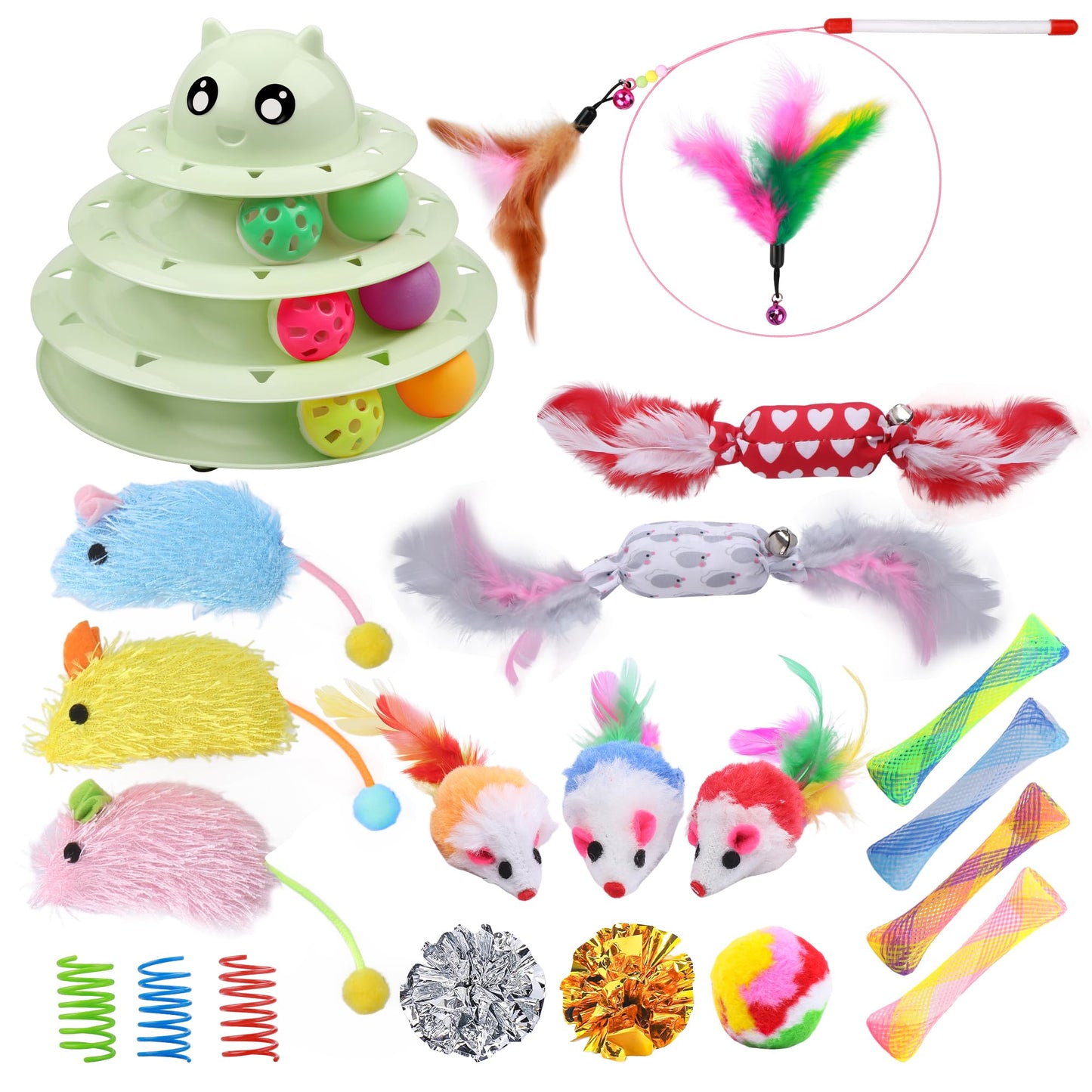 UPSKY 20 PCS Cat Roller Toy 3-Level Turntable for Indoor Cats - Kitten Set With Teaser, Mice, Spring, and Various Ball Toys