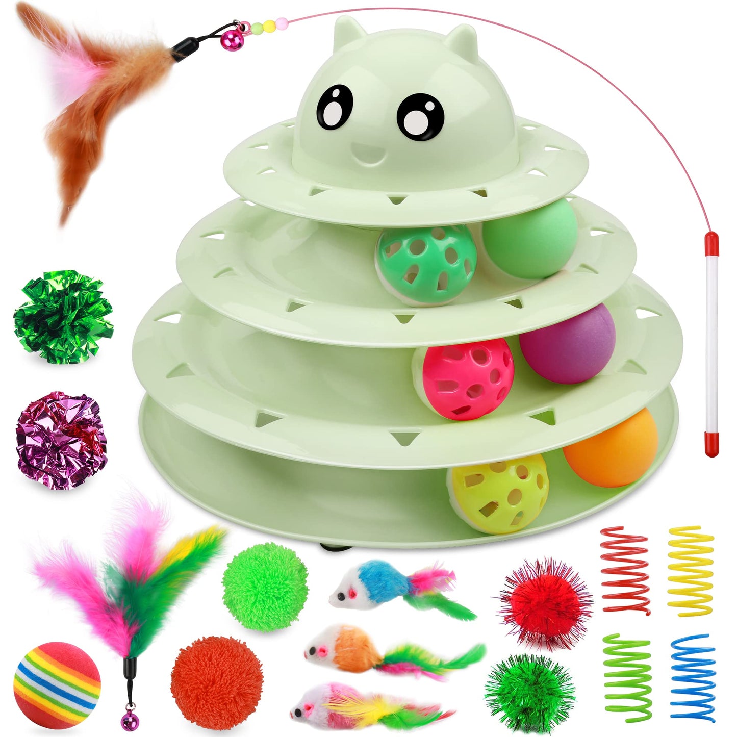 UPSKY 24 PCS Cat Toys, 3-Level Turntable Kitten Toys Set, Interactive Cat Roller Toys for Indoor Cats, Catnip Toys, Cat Teaser Toys, Mice Toys, Spring Toys, Various Ball Toys for Kitty