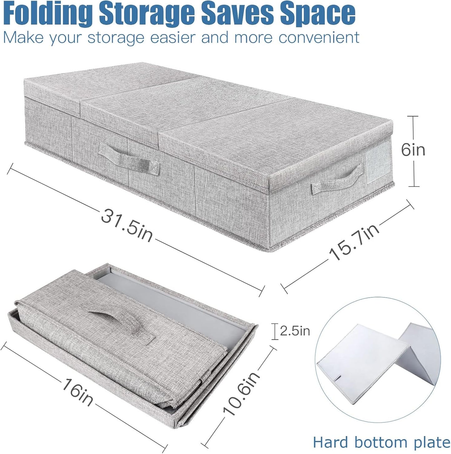 Supowin 2Pack Large Underbed Storage Containers Bin with Lids, Gray | 6 Inches Tall Under Bed Storage Organizer Box with Handles, Foldable Closet Organizer for Clothes, Blankets, Seasonal Items