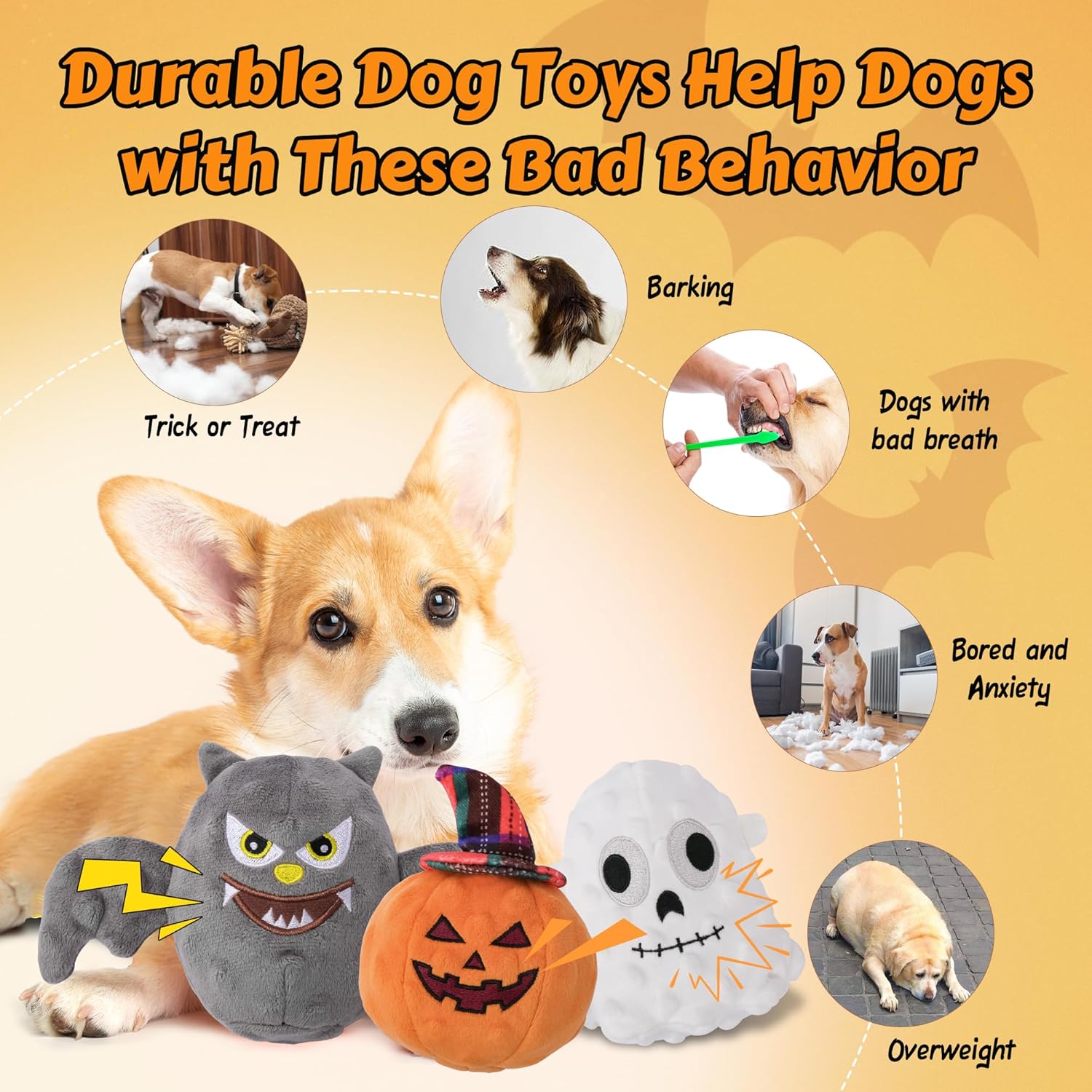 UPSKY Halloween Dog Toys Set, Plush Dog Squeaky Toys with Crinkle Paper for Small Medium Dog, 3 Pack Interactive Dog Chew Toys with Clean Teeth, Stuffed Puppy Toys to Keep Them Busy