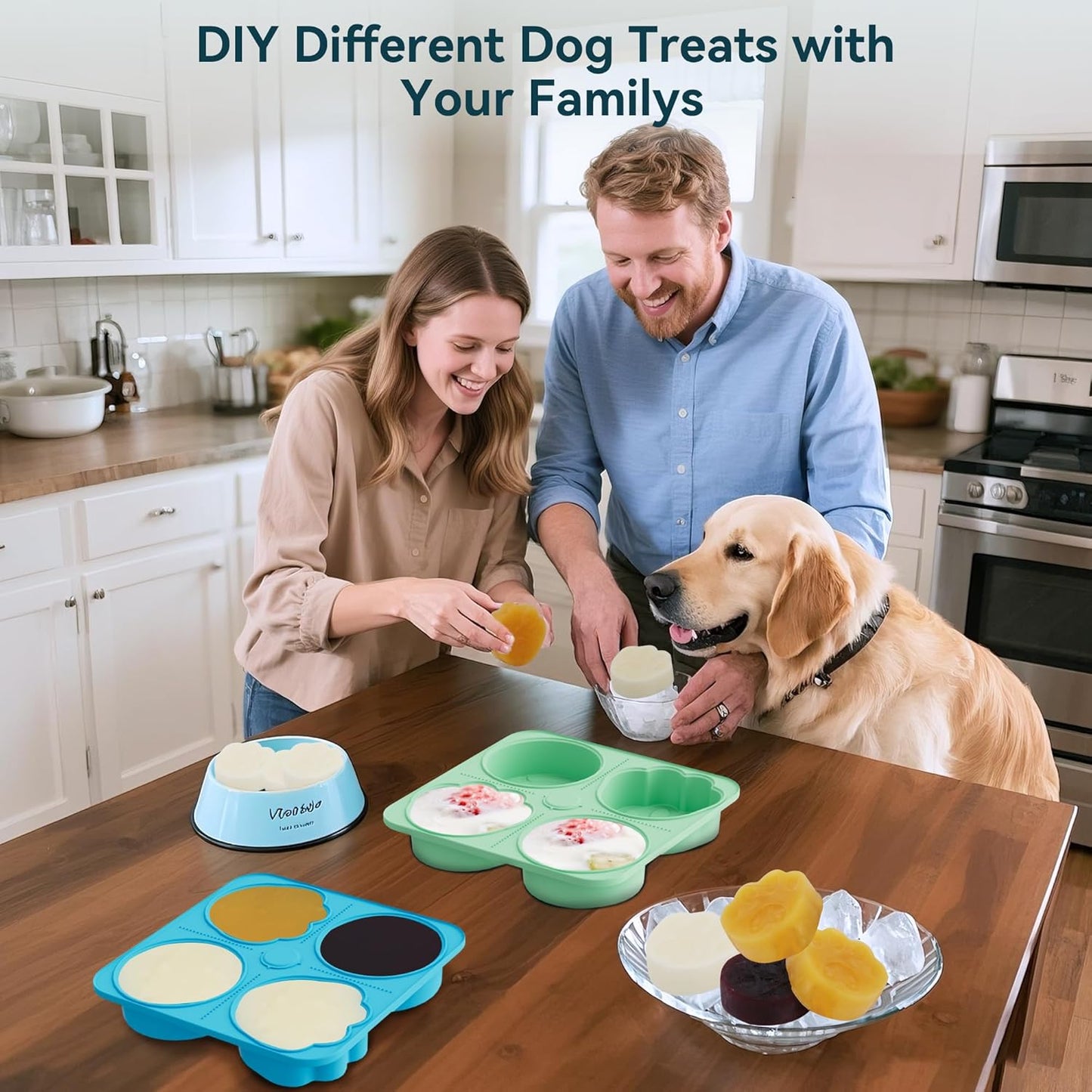 UPSKY 2PCS Dogs Treat Molds, Silicone Dog Treat Ice Cube Trays for Freezer, Reusable Ice Molds for Frozen Treats, Fits Most Dog Water Bowls, for Peanut Butter, Yogurt, Fruit, Broth & More