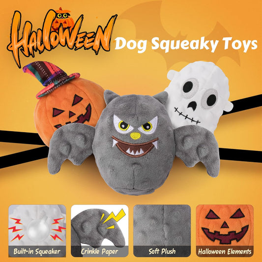 UPSKY Halloween Dog Toys Set, Plush Dog Squeaky Toys with Crinkle Paper for Small Medium Dog, 3 Pack Interactive Dog Chew Toys with Clean Teeth, Stuffed Puppy Toys to Keep Them Busy
