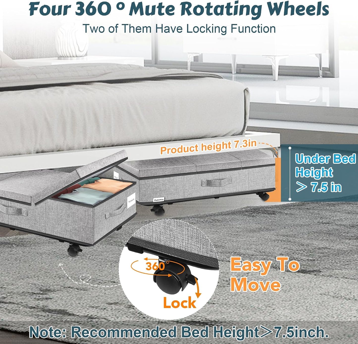Supowin Under Bed Storage with Wheels, 2Pack Rolling Underbed Storage | 7.3 Inches Tall Under the Bed Container with Lids, Reinforced Handle, Reinforced Metal Bottom Support, 360° Rotating Wheels