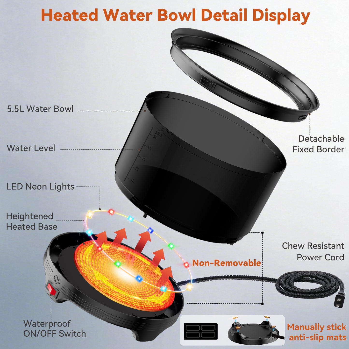 5.5L Heated Water Bowl, 1.45Gal Large Heated Dog Bowls for Outside, Outdoor Winter Waterproof Heat Pet Water Bowl with Chew Resistant Power Cord & LED Neon for Dog/Cat/Chicken/Duck/Rabbit
