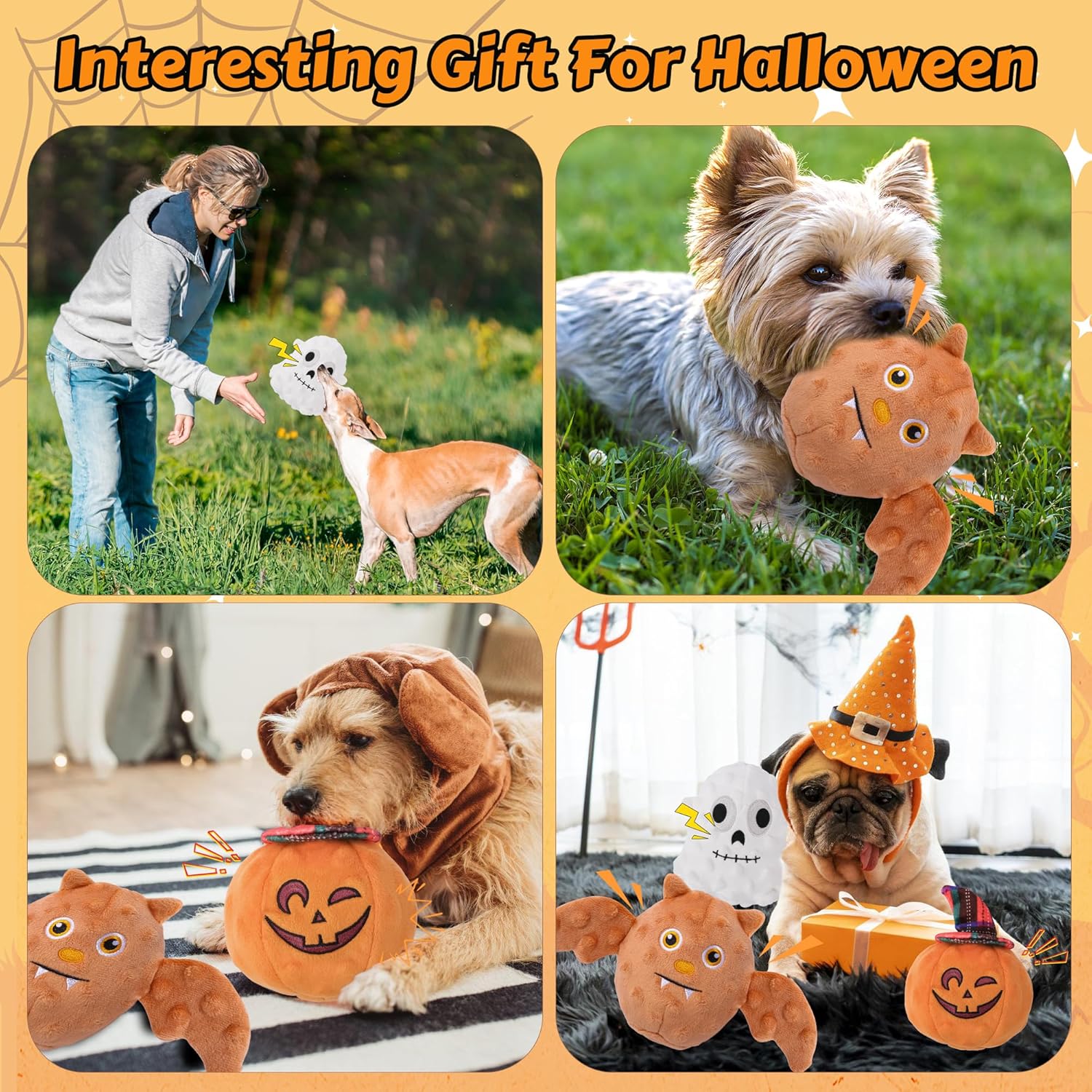 UPSKY Halloween Dog Toys Set, Plush Dog Squeaky Toys with Crinkle Paper for Small Medium Dog, 3 Pack Interactive Dog Chew Toys with Clean Teeth, Stuffed Puppy Toys to Keep Them Busy