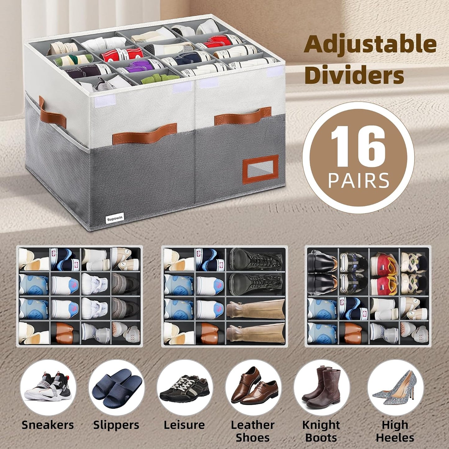 Supowin Large Shoe Organizer for Closet, Foldable Shoe Storage Bin with Lid | 16-Pair Shoe Storage for Sneakers, Boots & Heels with Adjustable Dividers, Reinforced Handles, Space Saving Closet Storage