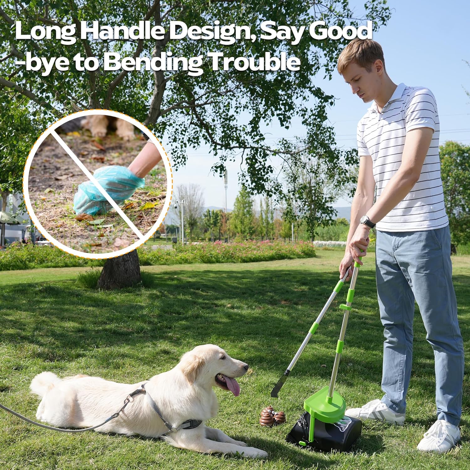 UPSKY Elevated Dog Bowls, Dog Pooper Scooper Swivel Bin & Rake Kit with 100 Waste Bags, 33.4" Stainless Steel Long Handle Heavy Duty Pet Poop Shovel
