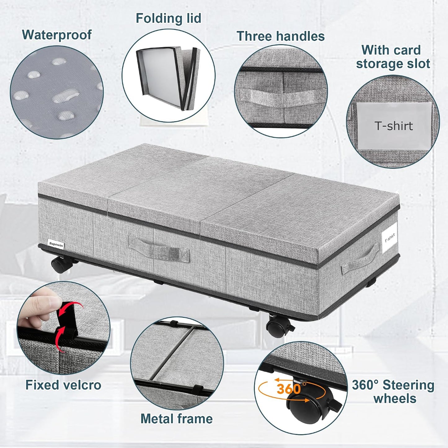 Supowin Under Bed Storage with Wheels, 2Pack Rolling Underbed Storage | 7.3 Inches Tall Under the Bed Container with Lids, Reinforced Handle, Reinforced Metal Bottom Support, 360° Rotating Wheels