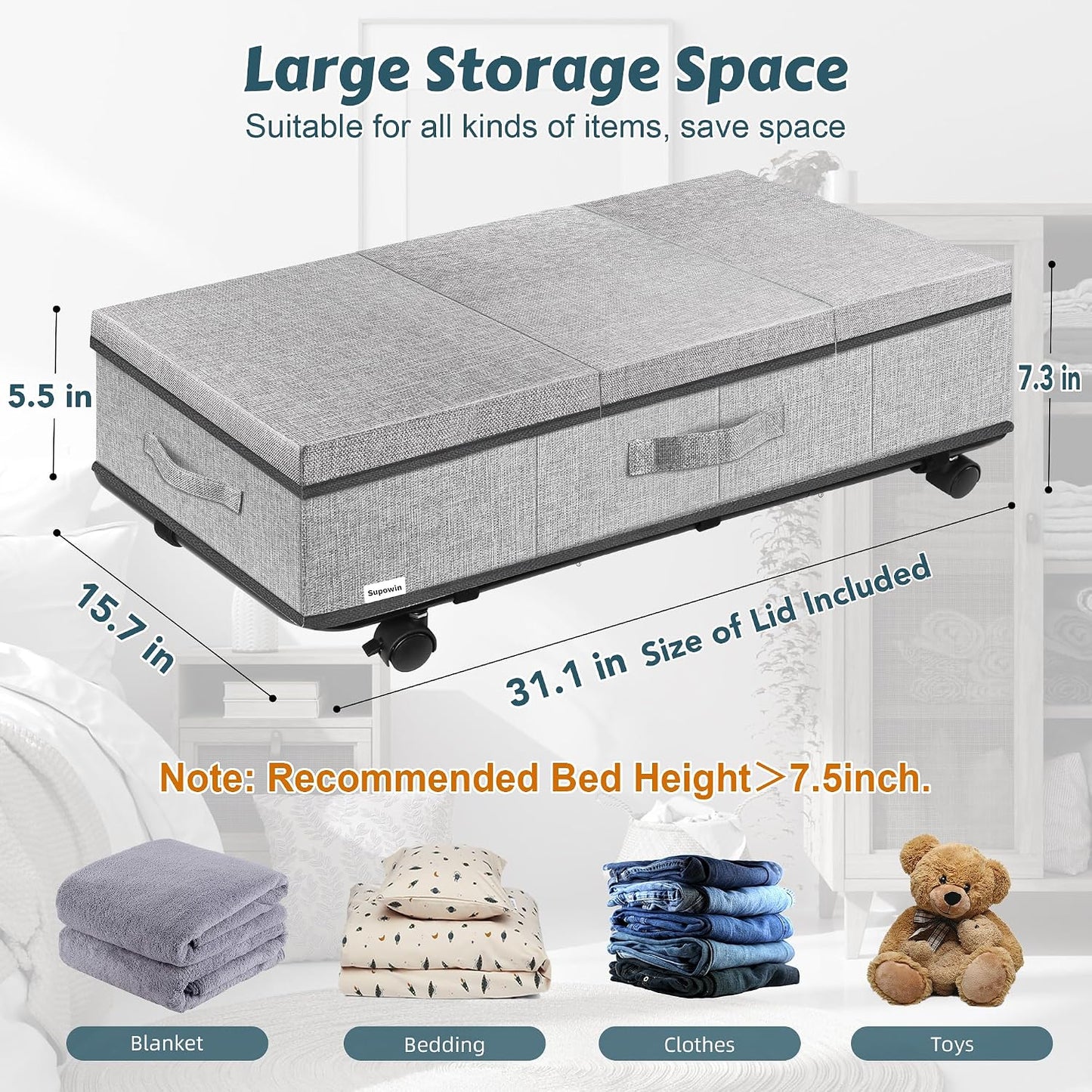 Supowin Under Bed Storage with Wheels, 2Pack Rolling Underbed Storage | 7.3 Inches Tall Under the Bed Container with Lids, Reinforced Handle, Reinforced Metal Bottom Support, 360° Rotating Wheels