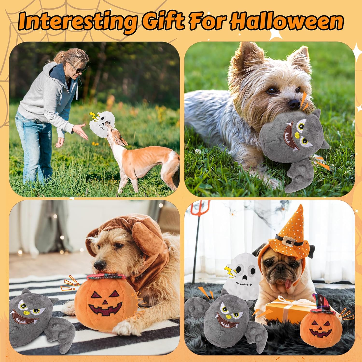 UPSKY Halloween Dog Toys Set, Plush Dog Squeaky Toys with Crinkle Paper for Small Medium Dog, 3 Pack Interactive Dog Chew Toys with Clean Teeth, Stuffed Puppy Toys to Keep Them Busy
