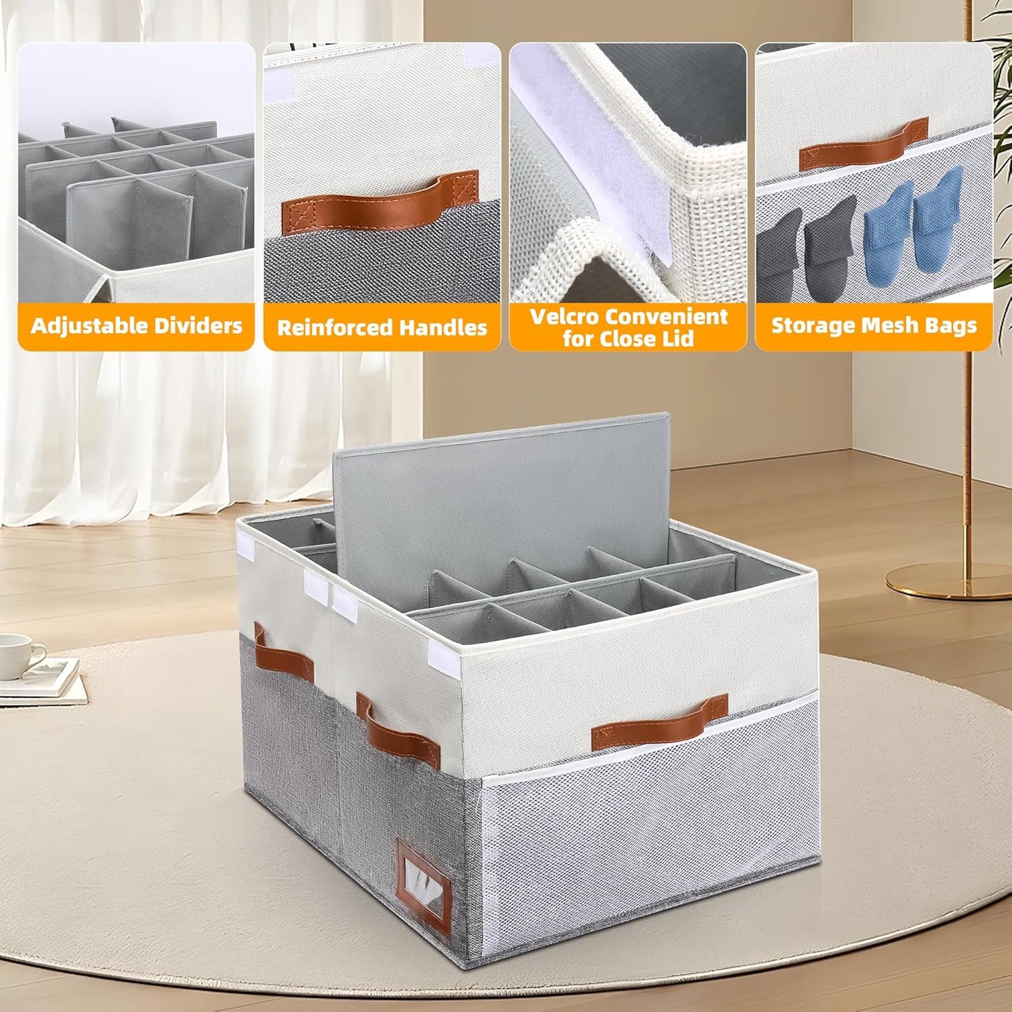 Supowin Large Shoe Organizer for Closet, Foldable Shoe Storage Bin with Lid | 16-Pair Shoe Storage for Sneakers, Boots & Heels with Adjustable Dividers, Reinforced Handles, Space Saving Closet Storage