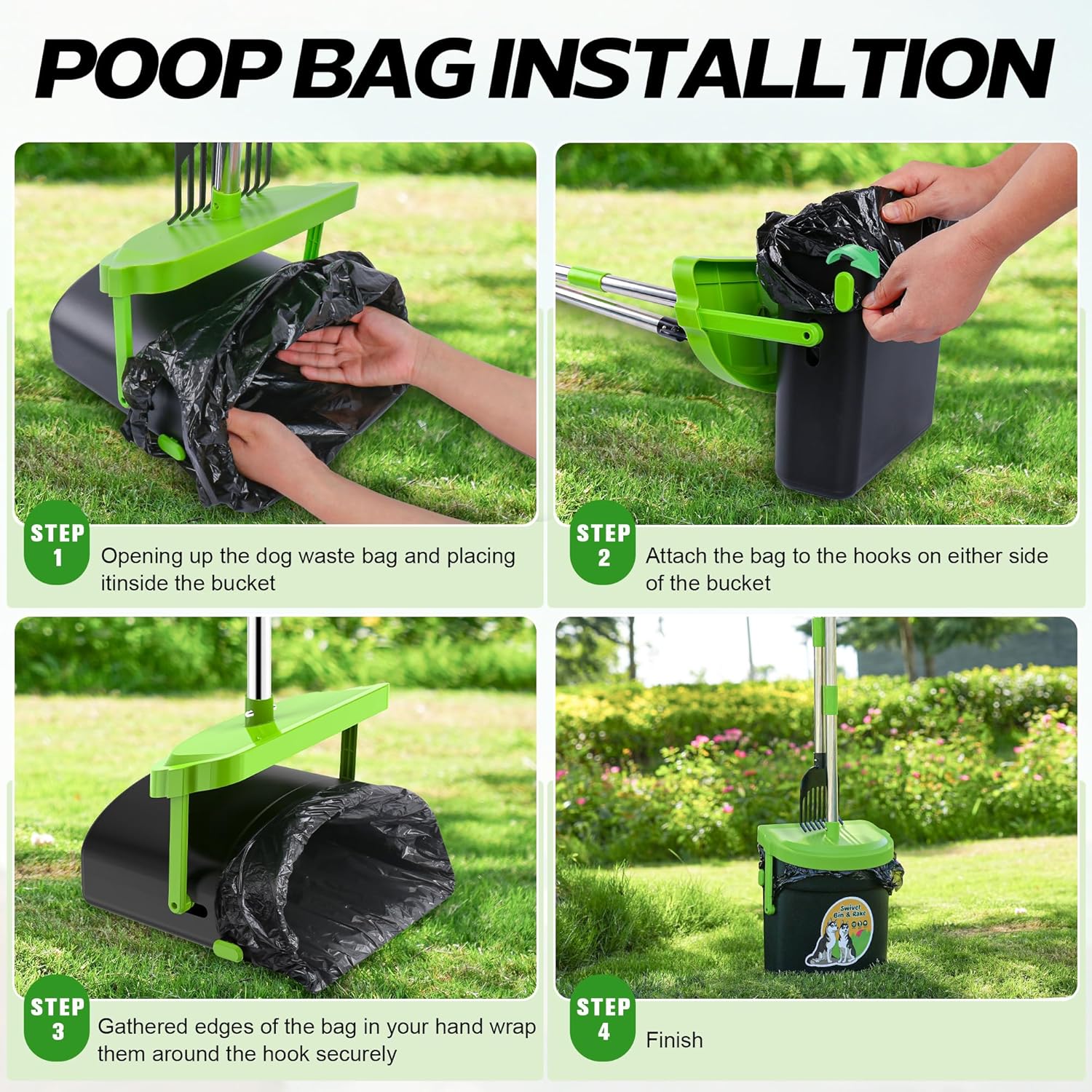 UPSKY Elevated Dog Bowls, Dog Pooper Scooper Swivel Bin & Rake Kit with 100 Waste Bags, 33.4" Stainless Steel Long Handle Heavy Duty Pet Poop Shovel