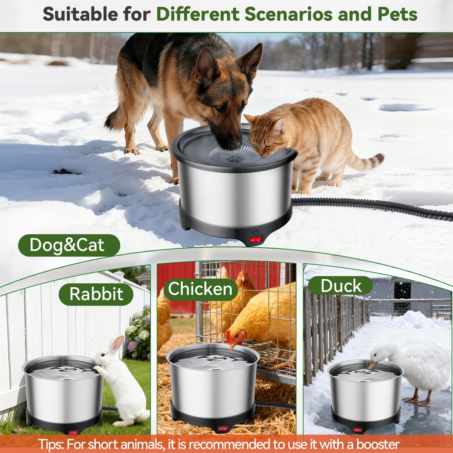 6.5L Heated Water Bowl, Stainless Steel Outdoor Heated Dog Bowl with Anti-Chew Cord, Large Capacity Heated Pet Slow Drinking Dish Provide Warm Water in Winter for Dogs