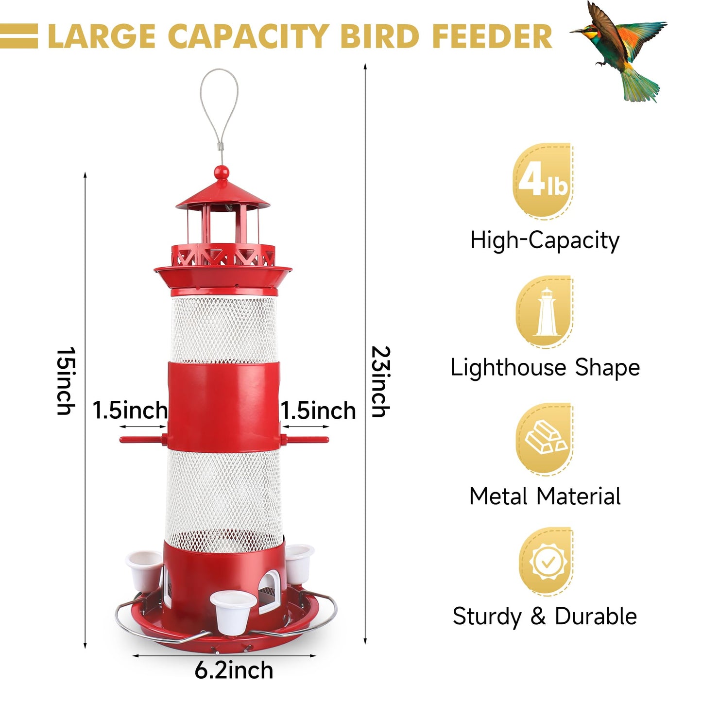 Decflow Outdoor Hanging Durable Metal Tube Wild Bird Feeder with Three Water Cups, White