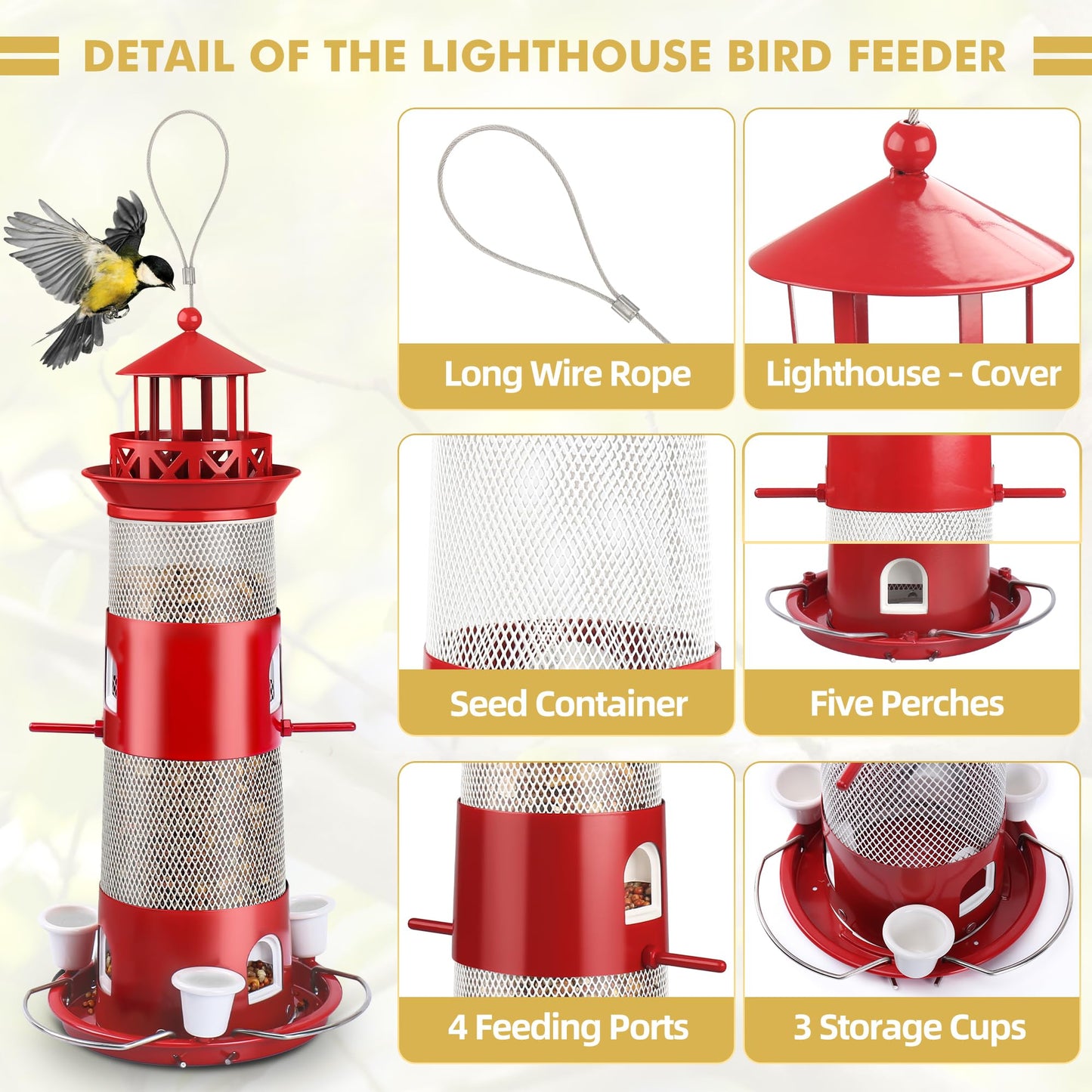 Decflow Outdoor Hanging Durable Metal Tube Wild Bird Feeder with Three Water Cups, White
