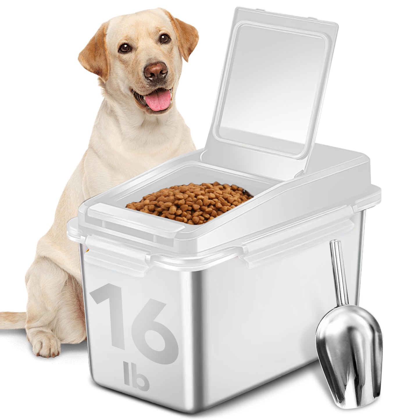 Dog food storage container, stainless steel, with scoop, 17 lbs (approx. 7.3 kg) / 15 lbs (approx. 5.0 kg) airtight pet metal food storage box, cat food container, suitable for dry dog, cat, and bird food, keeps food fresh